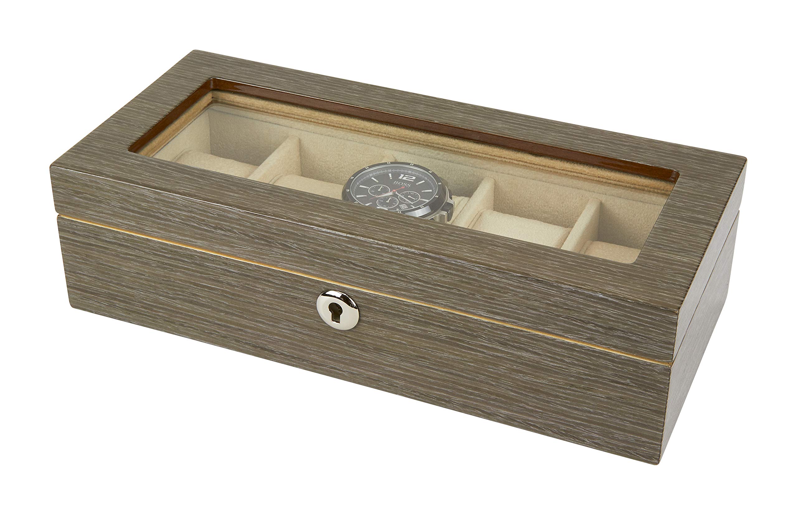 TIZO Design Premium Polished Wood Jewelry Watch Box with Glass Top - Gray Rosewood Finish for Jewelry Storage & Display | Perfect for Dresser, Vanity, and Gift Giving