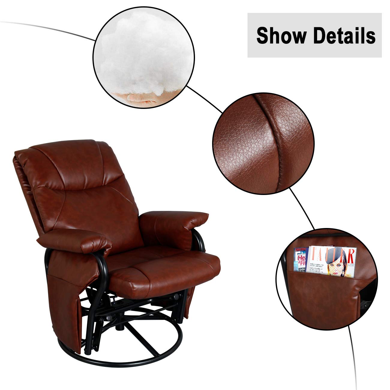 360° Swivel PU Leather Glider Chair with Ottoman - Rocking Recliner Lounge Chair Set for Living Room, Nursery & Patio (Brown) - Comfortable Armchair for Relaxing, Nursing & Reading