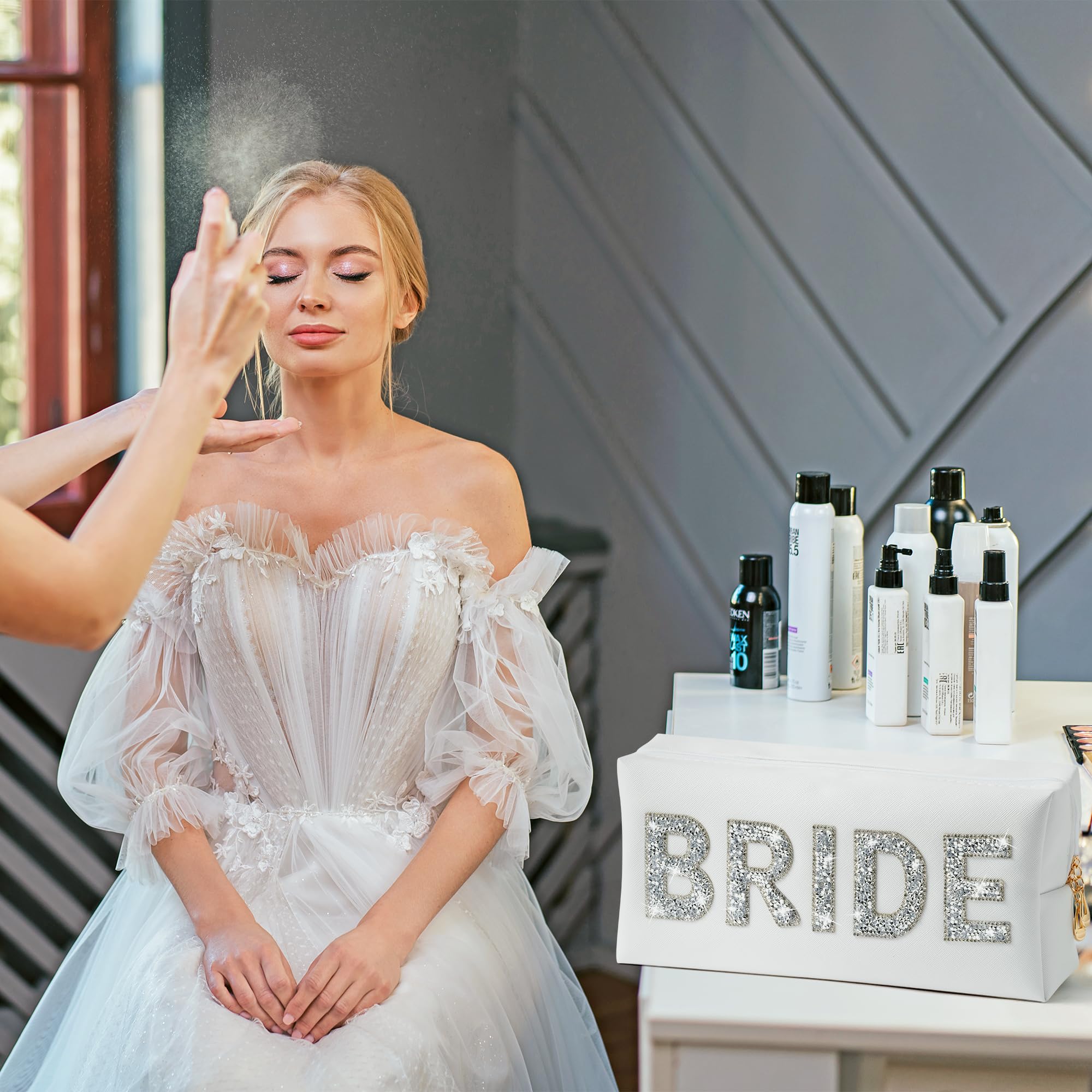 Bride Cosmetic Toiletry Bag - Large Capacity Wedding Makeup Organizer with Rhinestone Decor, Travel Toiletry Case for Bridal Shower, Bachelorette Party & Honeymoon (Perfect for Wedding Travel & Bridesmaid Gifts)