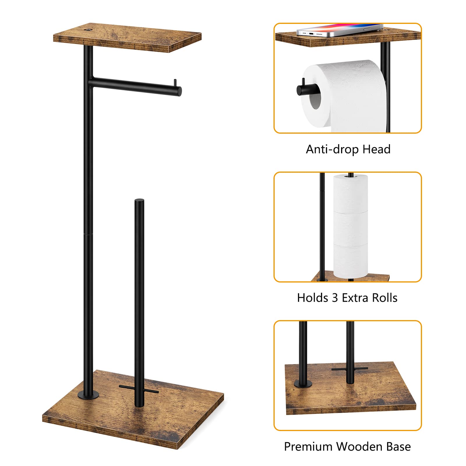 Free-Standing Toilet Paper Holder Stand with Shelf - Rustic Brown Bathroom Tissue Roll Dispenser for Farmhouse & Modern Decor | Perfect for Bathroom, Vanity, and Guest Toilet Organization