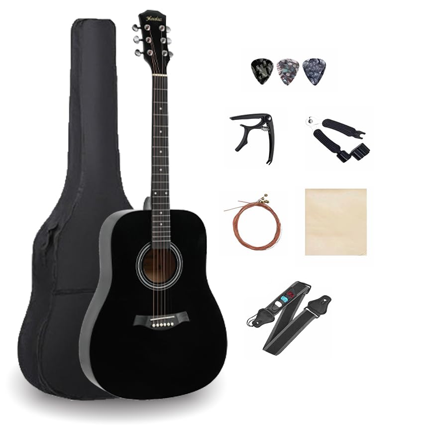 41-Inch Beginner Acoustic Guitar Starter Kit with Gig Bag, Strings, Strap, Tuner & Picks - Full Package for Adults & Teens Learning to Play (Black) - Perfect for Home Practice, Music Lessons & Campfire Performances