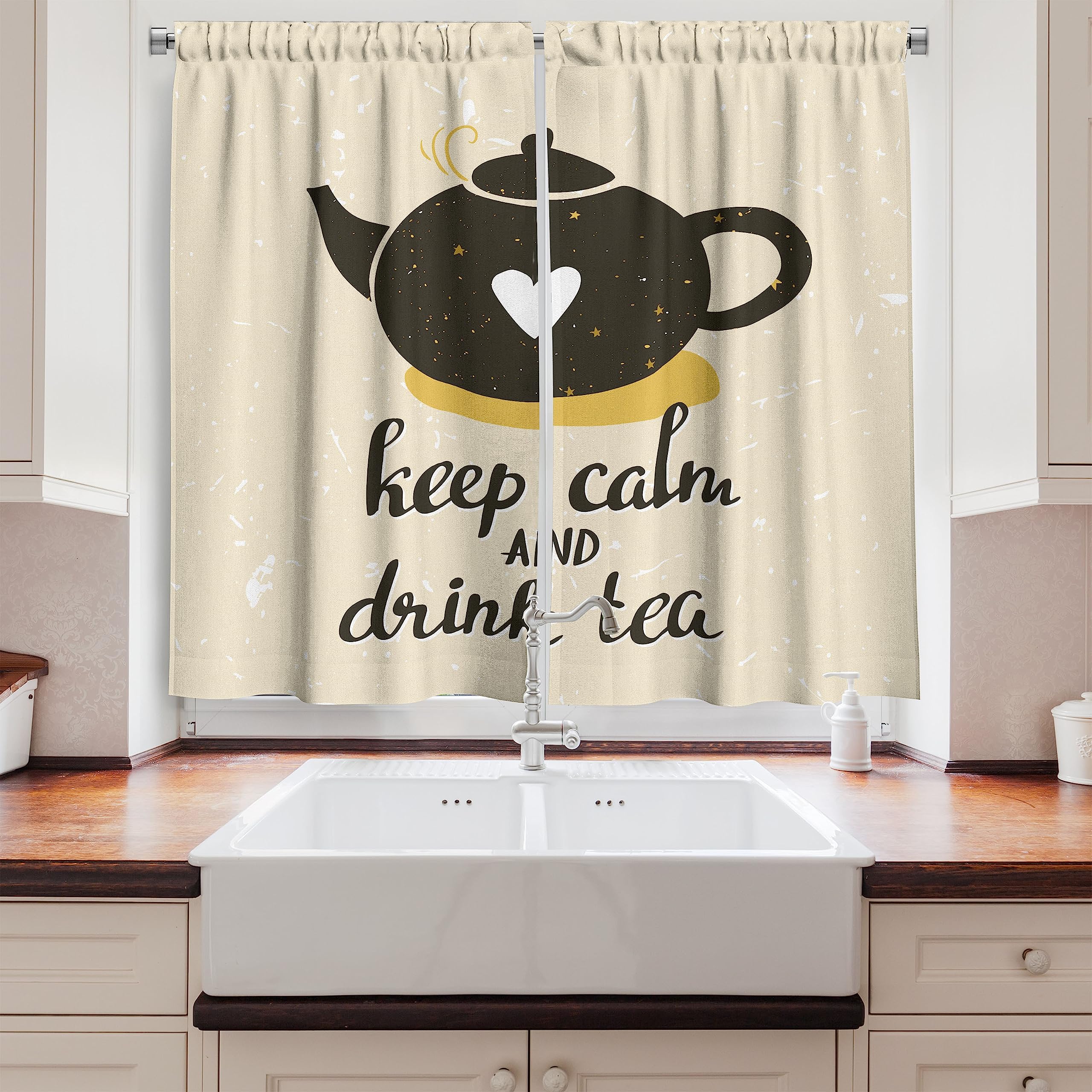 Ambesonne Keep Calm Kitchen Curtains Set of 2 Panels - Tea Lover Design with Heart Teapot Print, 55x39 Inch Window Drapes for Kitchen & Cafe Decor in Dark Olive Green & Pale Yellow | Perfect for Tea Rooms, Breakfast Nooks & Cozy Home Decor