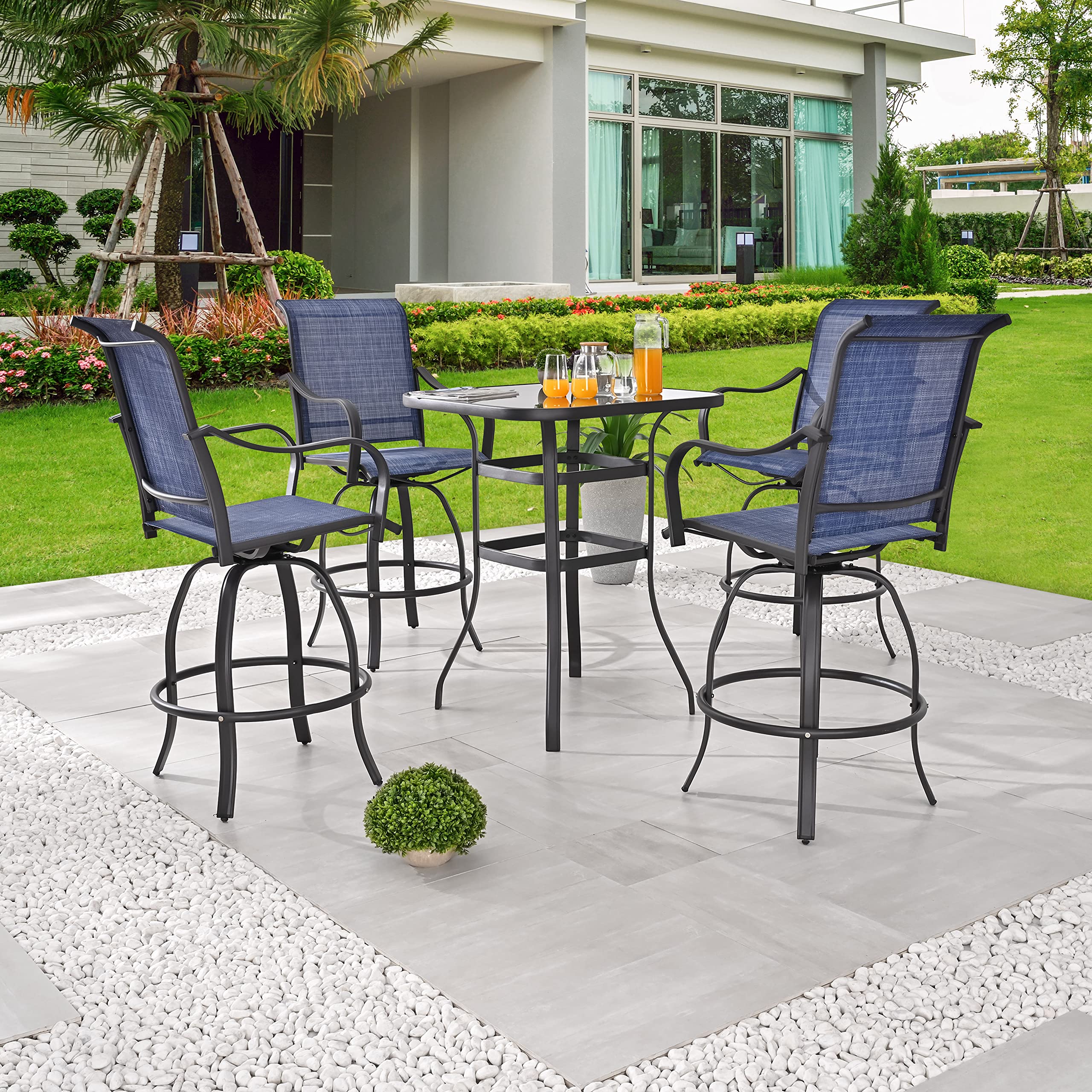 5-Piece Outdoor Patio Bistro Set with 360° Swivel Chairs & Tempered Glass Bar Table - Blue Dining Furniture for Backyard, Garden, and Poolside Relaxation