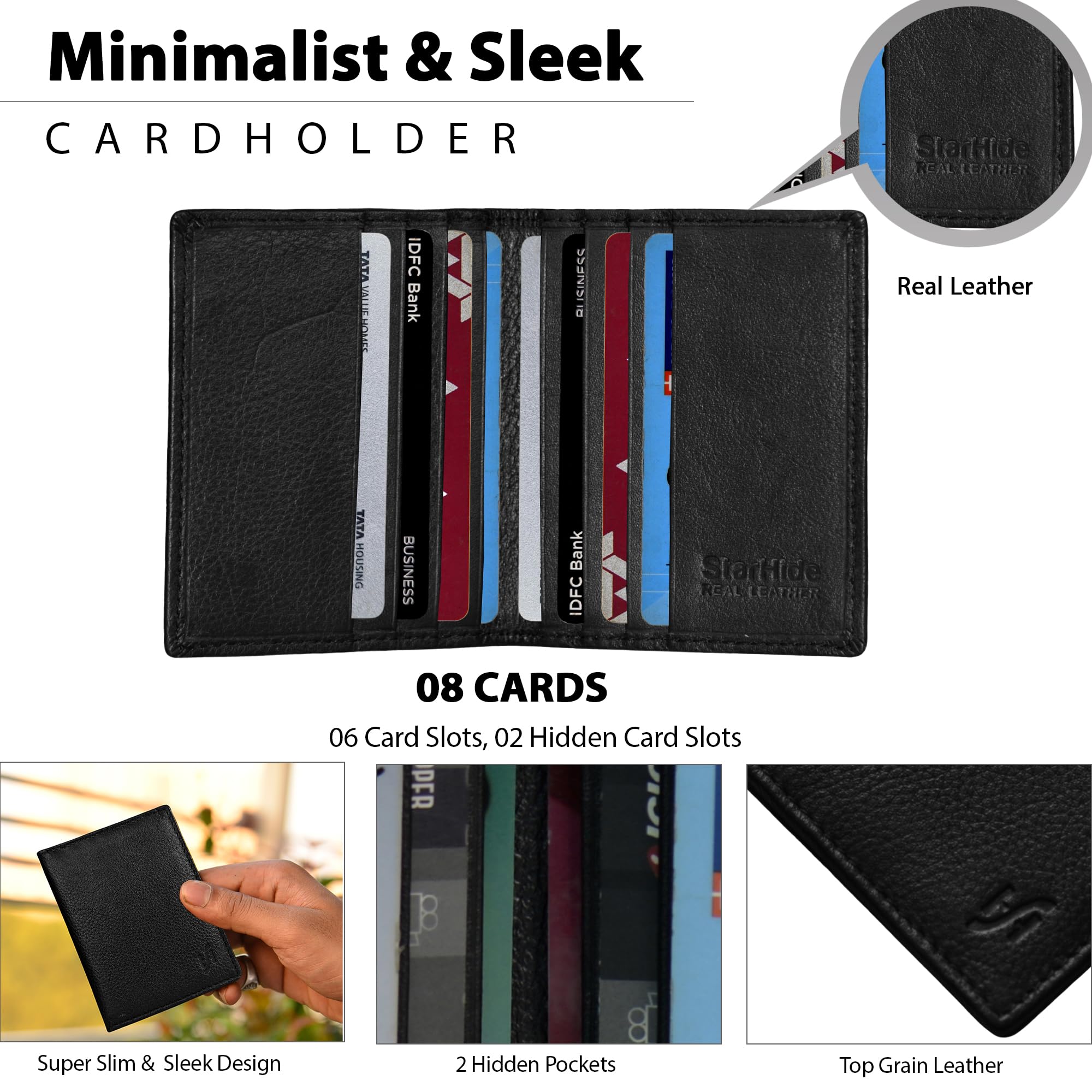 Ultra Slim Men's Nappa Leather Credit Card Holder - Minimalist RFID Blocking Wallet for Business & Travel - Black