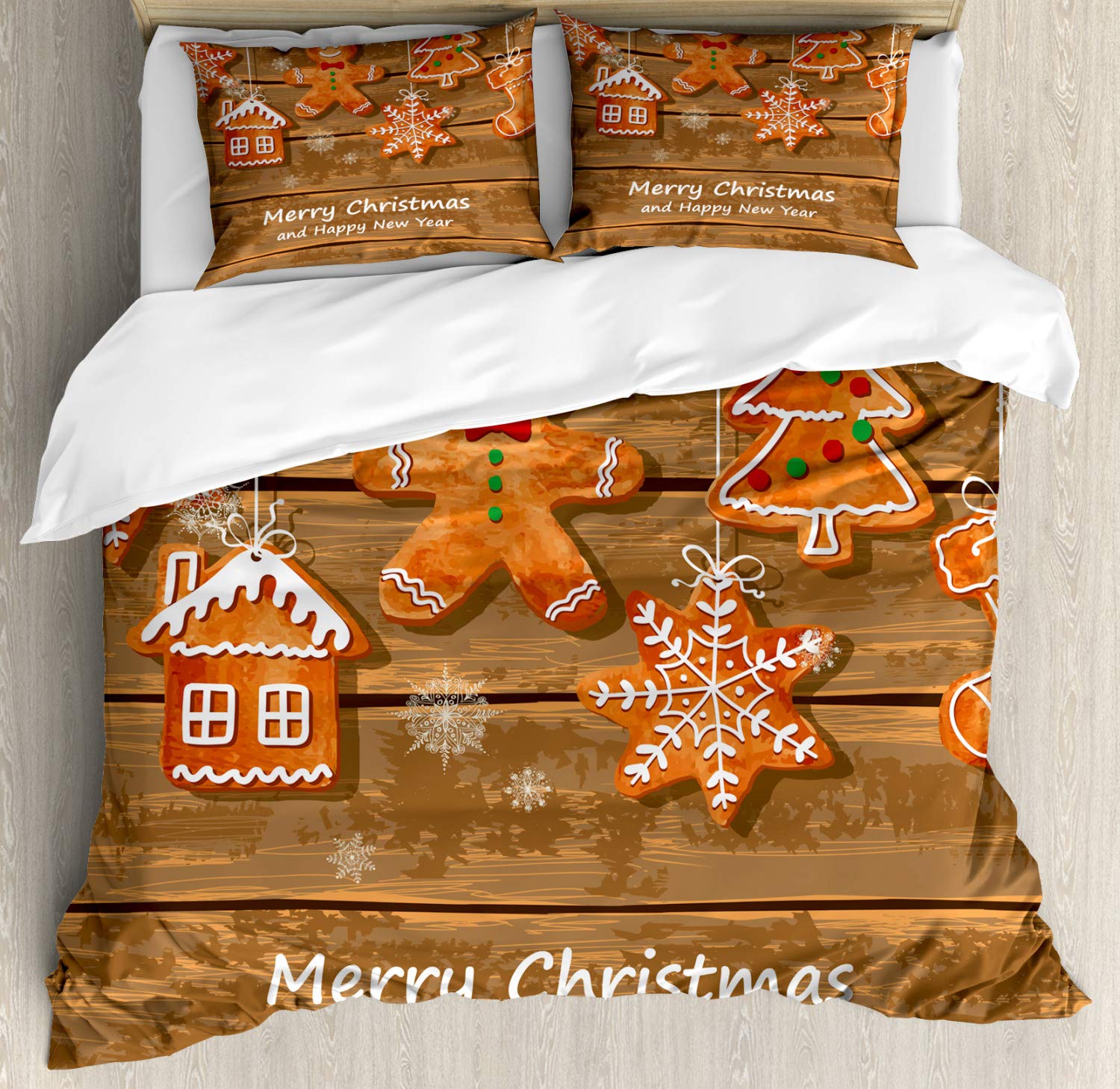 Ambesonne Gingerbread Man Duvet Cover Set - Funny Watercolor Christmas Cookies Design on Wooden Boards, 3-Piece Bedding Set with 2 Pillow Shams, California King Size, Brown Orange White - Perfect for Holiday Bedroom Decor & Cozy Winter Nights