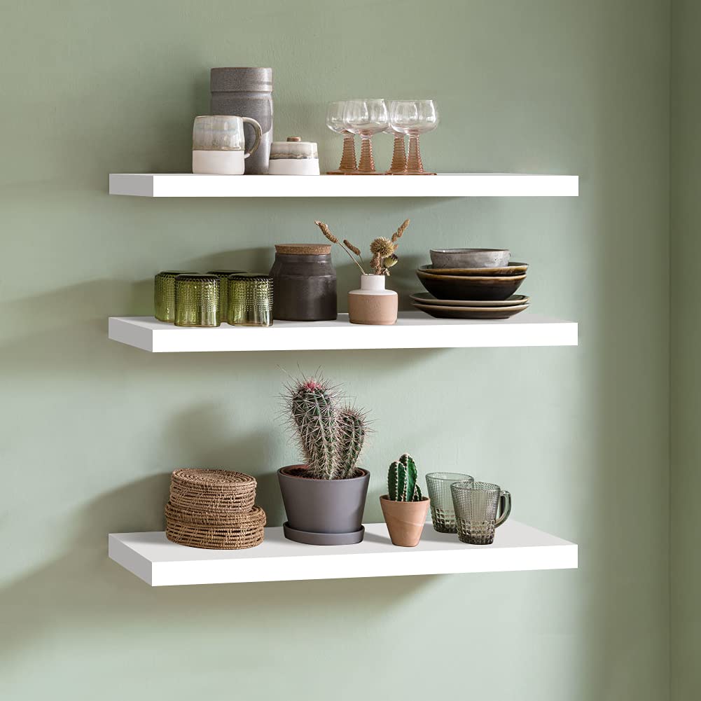 YIGANG Set of 3 White Wall Mounted Floating Shelves - Invisible Screw Installation, Modern Display Shelf for Home, Bedroom, Living Room Decor - Perfect for Books, Photos, Plants & Decorative Items