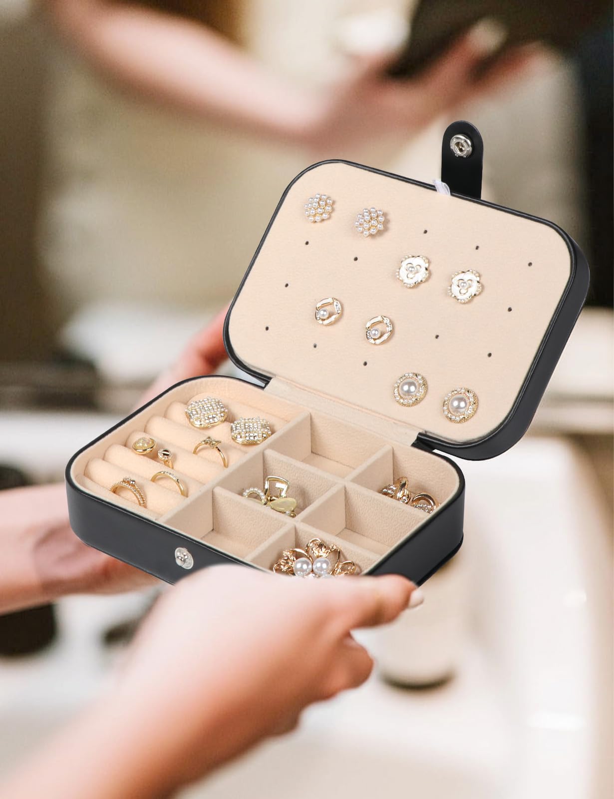 Upgraded Travel Jewelry Organizer Box for Women - PU Leather Portable Jewelry Case with Necklace, Ring, Earring & Bracelet Storage - Perfect for Vacation, Business Trips & Daily Use (Black)