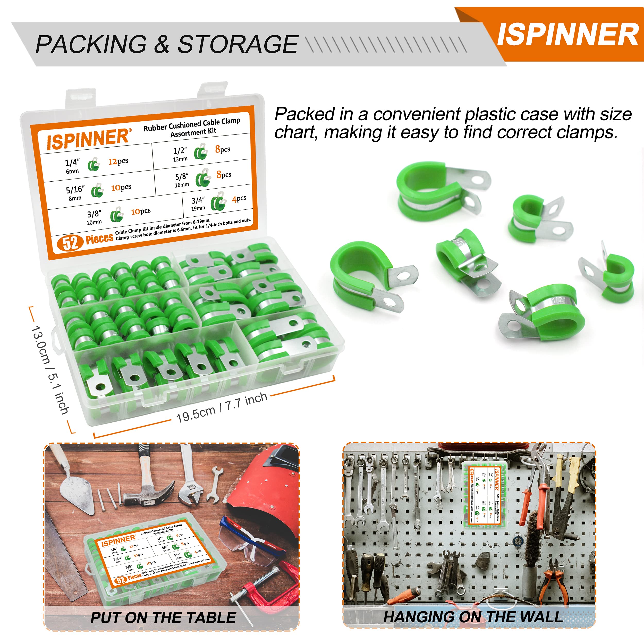 ISPINNER 52pcs Stainless Steel Cable Clamps Kit - 304 Rustproof Pipe Clamps with Rubber Cushion in 6 Sizes (1/4