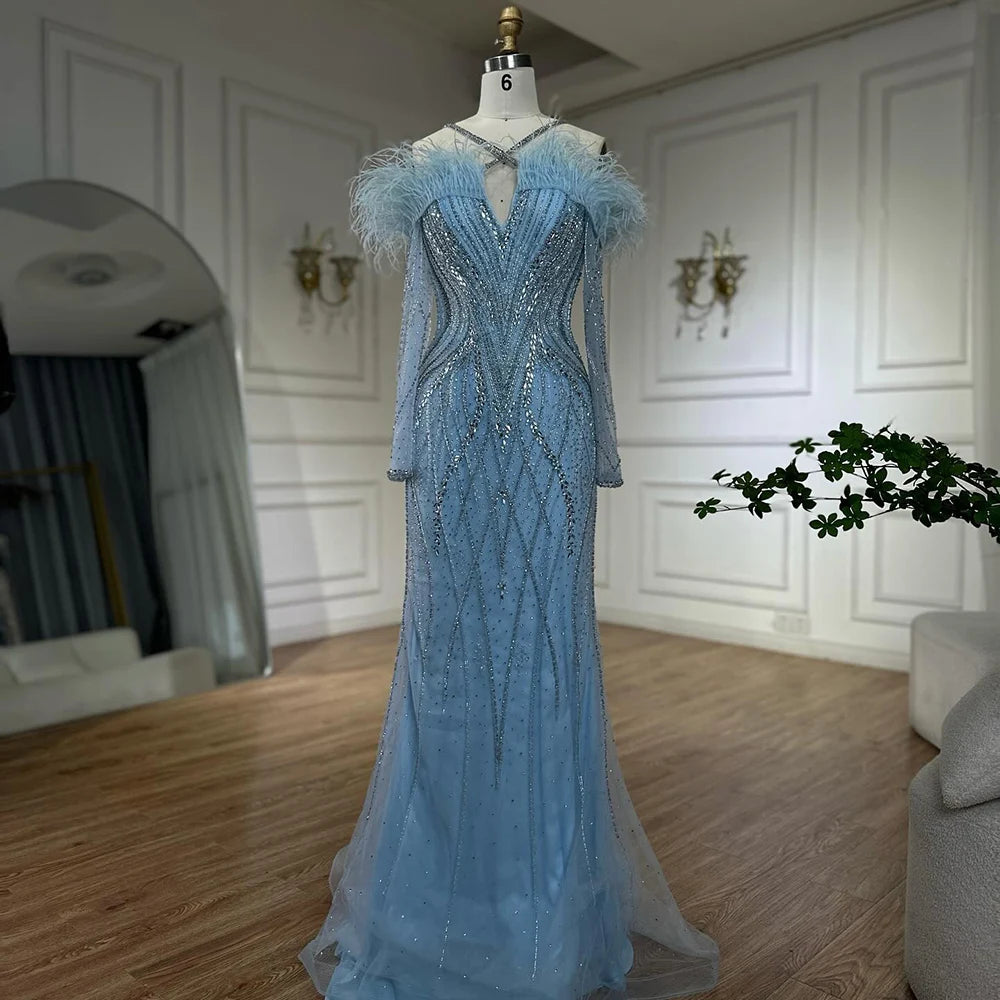 Luxury Dubai Blue Feather Beaded Mermaid Evening Gown for Women - Formal Dresses for Prom, Gala & Special Occasions - Elegant Beaded Sequin Gowns LA72836