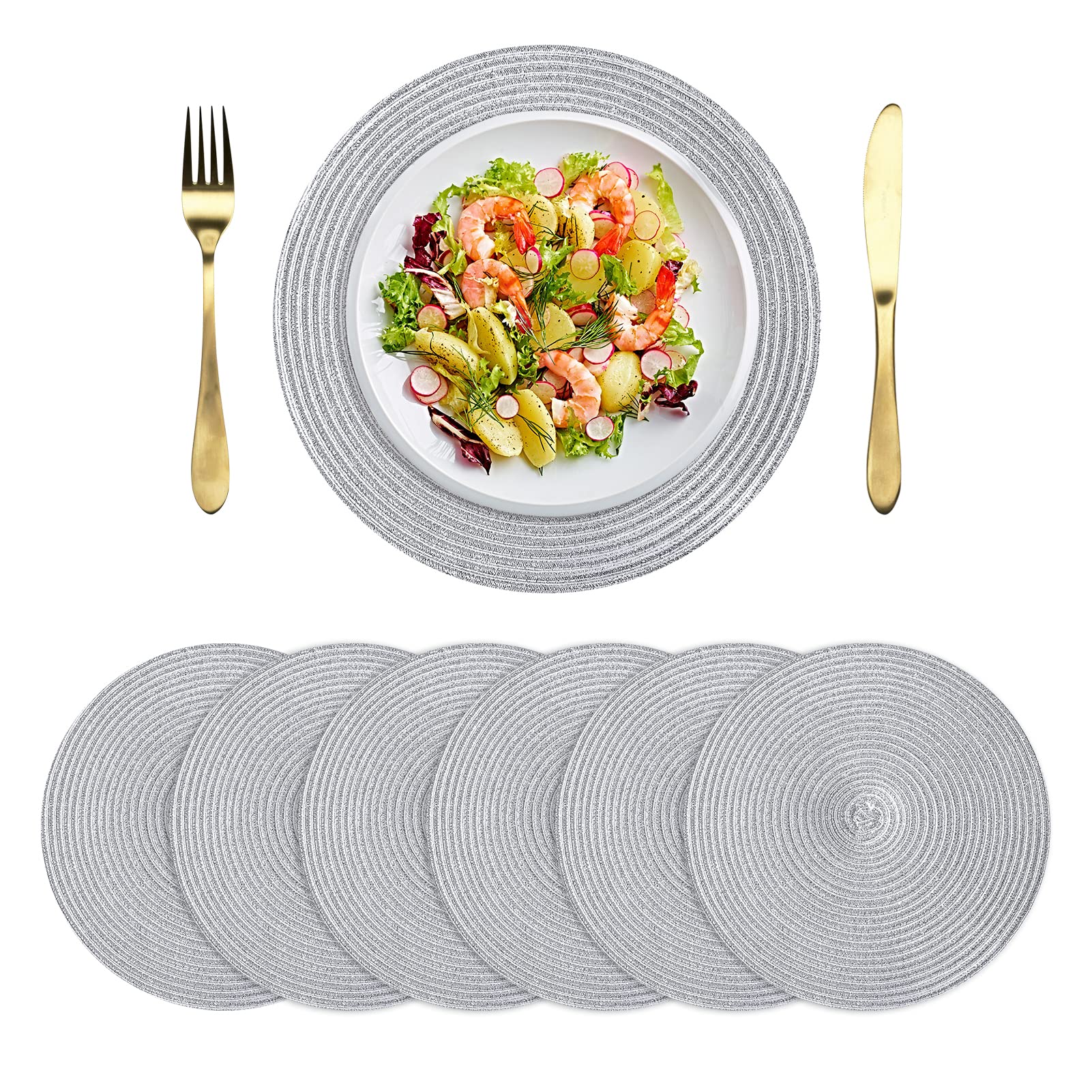 6-Pack Silver Round Woven Placemats - 15 Inch Washable Table Mats for Kitchen & Dining Room - Perfect for Everyday Meals, Dinner Parties, and Holiday Gatherings