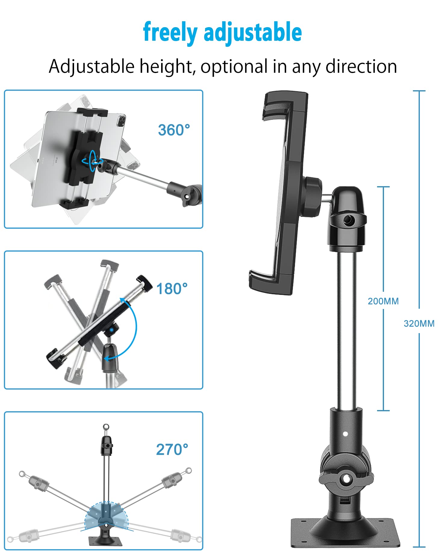 Woleyi Adjustable Metal iPad Holder Stand - Stable & Flexible Mount for iPad Pro/Air/Mini, Galaxy, Fire Tablets & Phones (4-12.9 Inch) - Perfect for Shower, Bedroom, Kitchen & Office Use