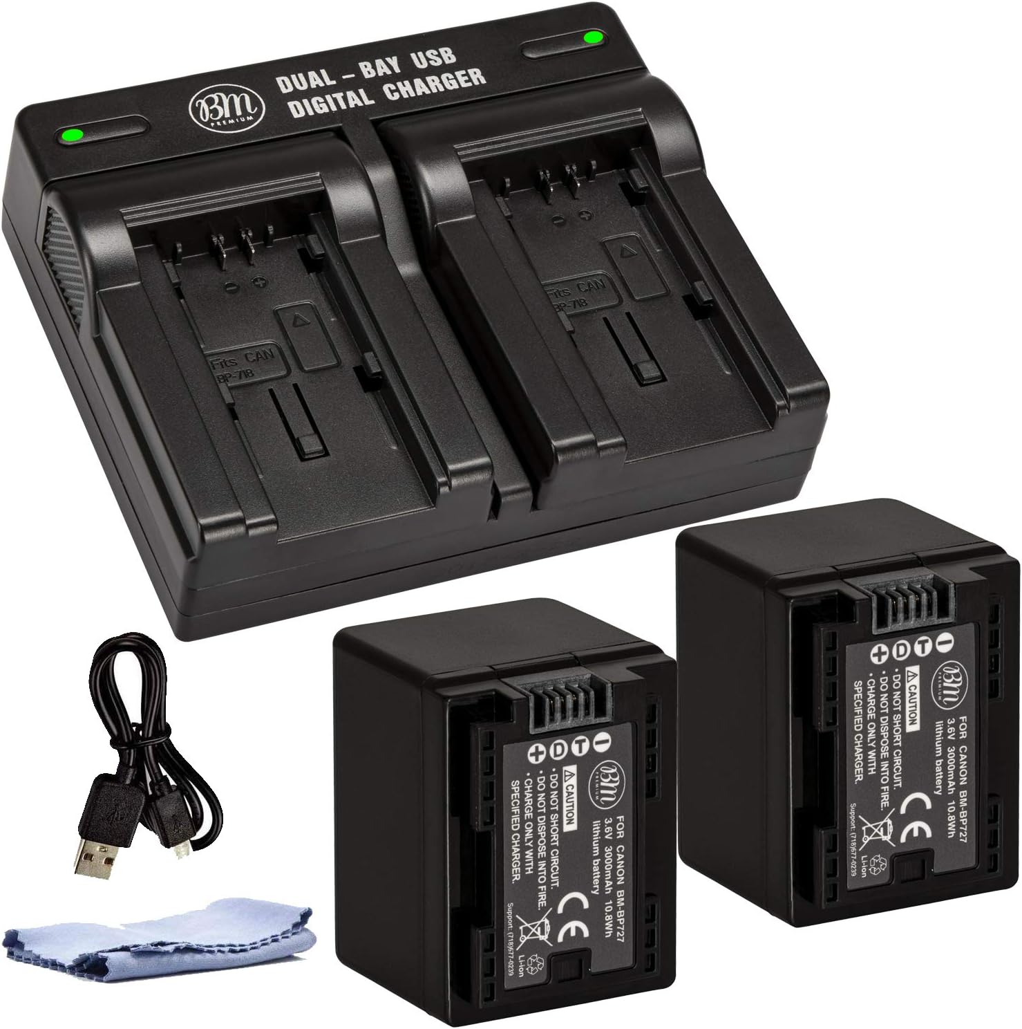 BM Premium 2-Pack BP-727 Replacement Batteries with Dual Charger for Canon Vixia HFR Series Camcorders (HFR80, HFR82, HFR800, HFR70, HFR72, HFR700, HFR32, HFR300, HFR40, HFR42, HFR400, HFR50, HFR52, HFR500, HFR60, HFR62, HFR600) - Perfect for Travel, Vlogging & Extended Shooting Sessions