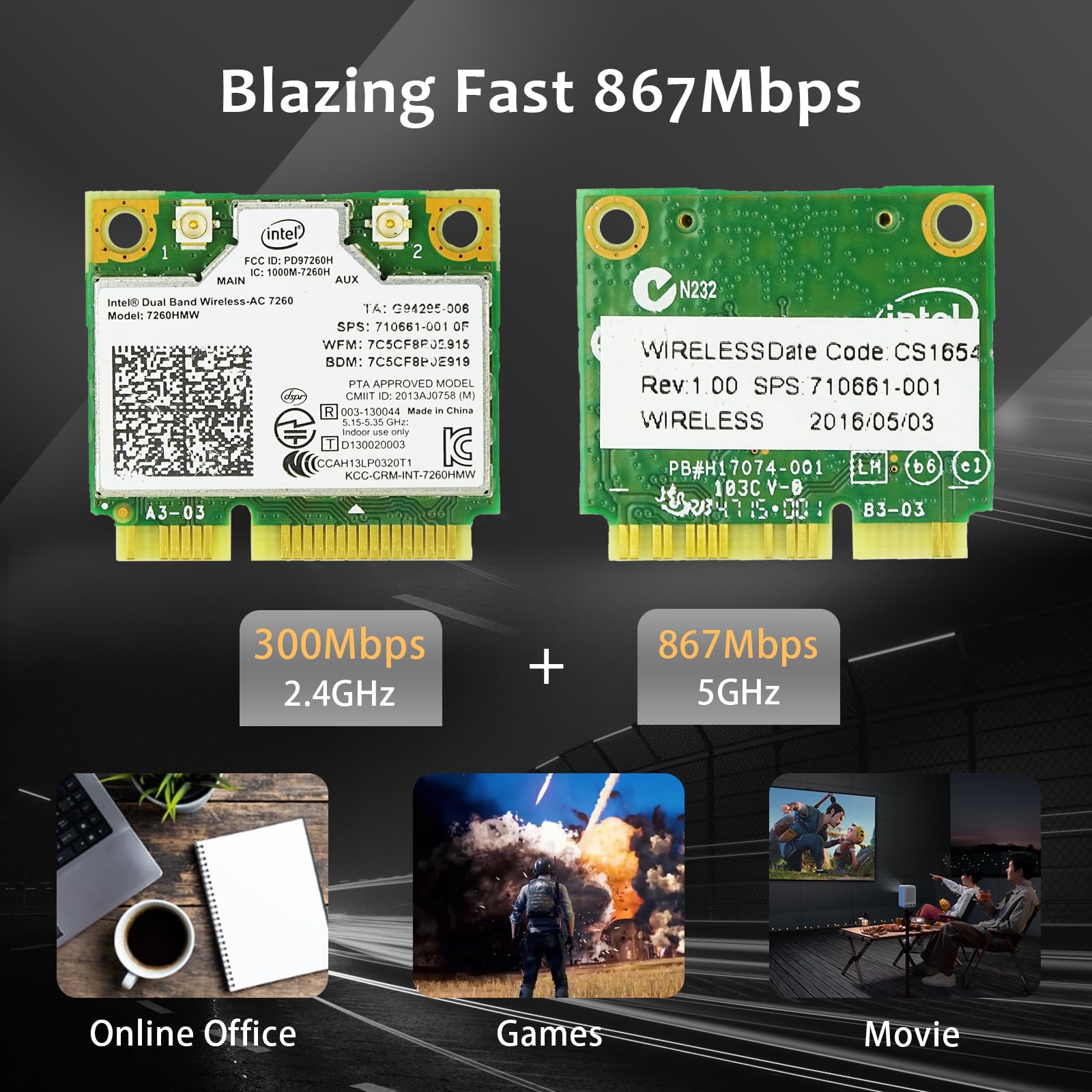 Intel Dual Band Wireless-AC 7260HMW WiFi Card | Mini PCIe Network Adapter | Bluetooth 4.2 | 802.11ac | 2x2 MIMO | Compatible with Windows 10/8/7 | Perfect for Gaming, Streaming & Home Office Use
