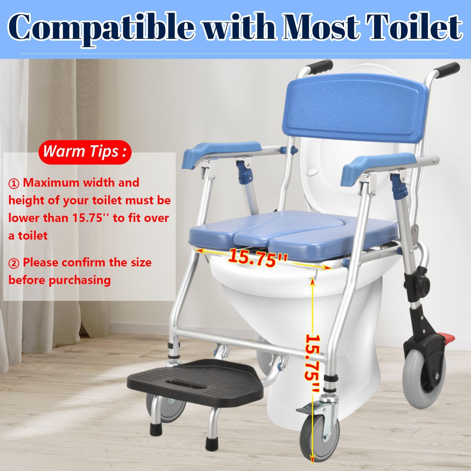 4-in-1 Folding Shower Commode Chair with Locking Wheels & Removable Bucket - Adjustable Height Mobile Toilet Chair for Elderly & Disabled - Ideal for Bathroom Safety, Post-Surgery Recovery & Home Care Use