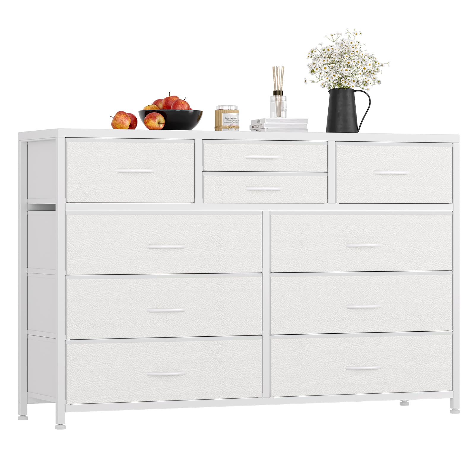 Jojoka 10-Drawer Wide Dresser with Wood Top & Steel Frame - Fabric Storage Cabinet for Bedroom, Hallway, Nursery, Closet - Perfect TV Stand & Entertainment Center Organizer (White)