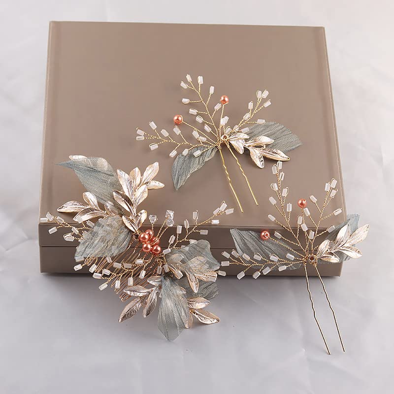 Golden Silver Pearl Wedding Hair Clips - Bridal Hair Accessories with Flower Leaves for Women - Perfect for Bridal Shower, Wedding Ceremony & Formal Events