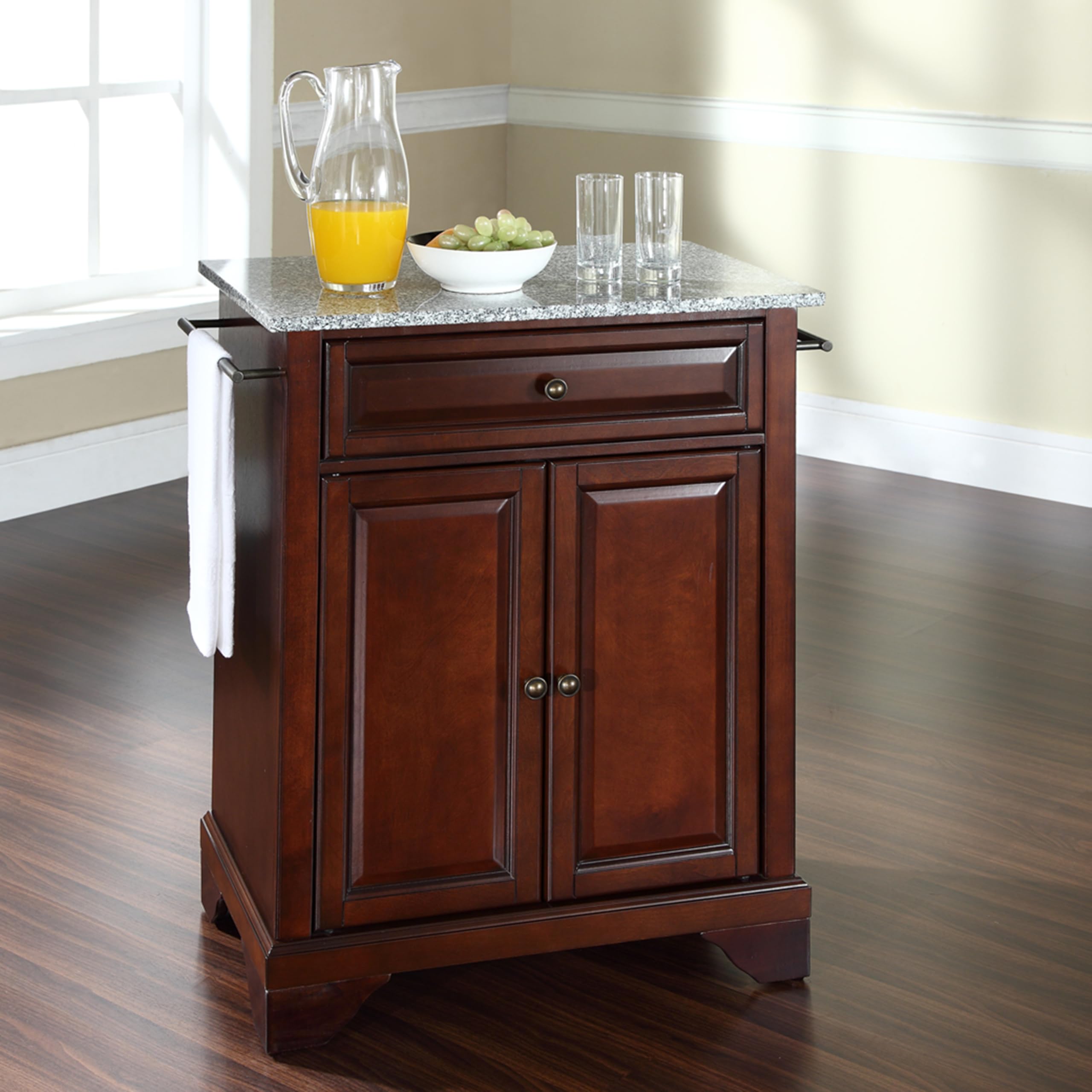 Crosley Lafayette Granite Top Portable Kitchen Island Cart with Wheels - Microwave Stand, Storage Cabinet, Mahogany Finish for Small Spaces | Perfect for Apartments, Dorms & Compact Kitchens