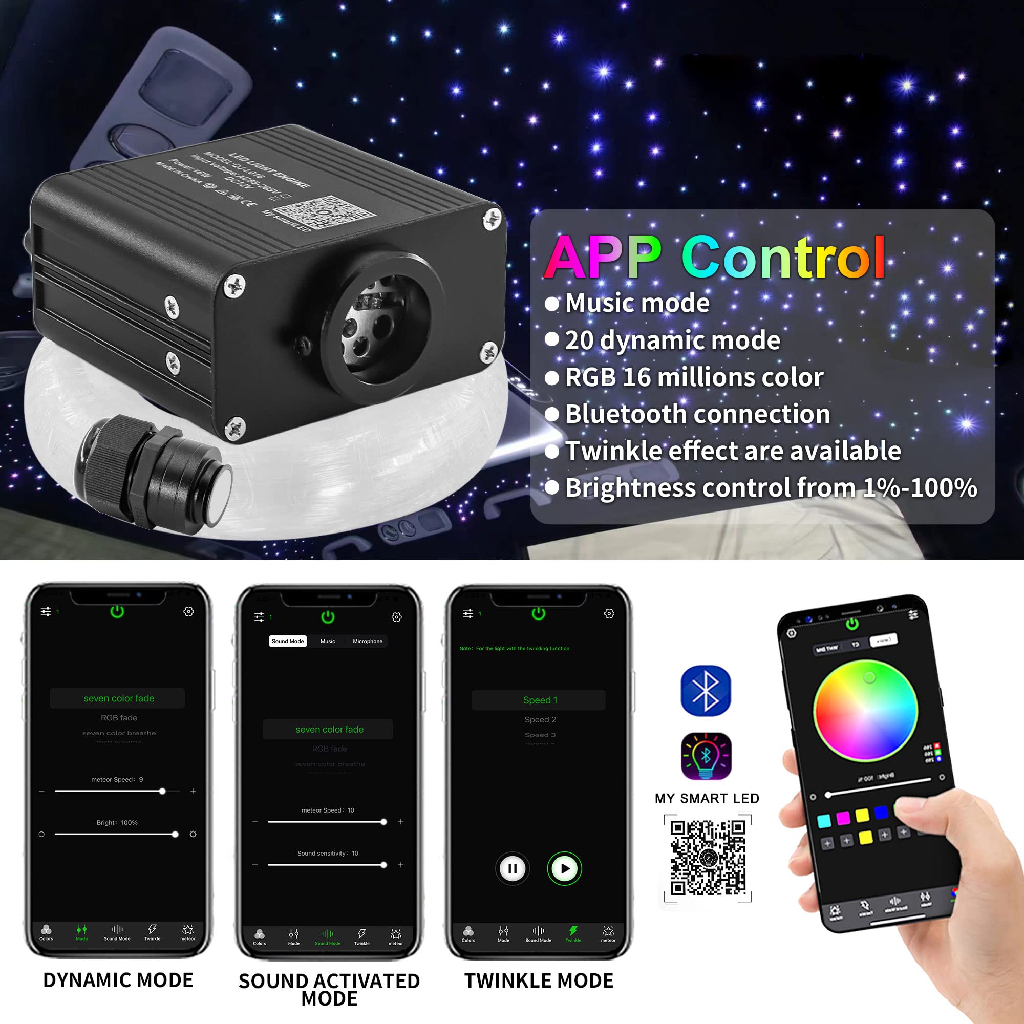 Starlight Headliner Kit - Upgraded 16W Fiber Optic Star Lights for Car Interior (450pcs Mixed Sizes) with APP & RF Remote Control | Perfect for Car Ceiling Decor, Bedroom Ambience & Romantic Nights