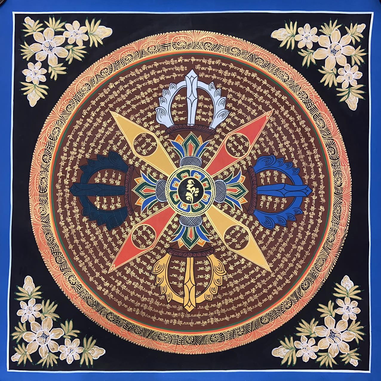 Om Mantra Mandala Thangka Wall Art - Handmade Spiritual Buddhist Decor for Meditation & Yoga Room, Home, Office