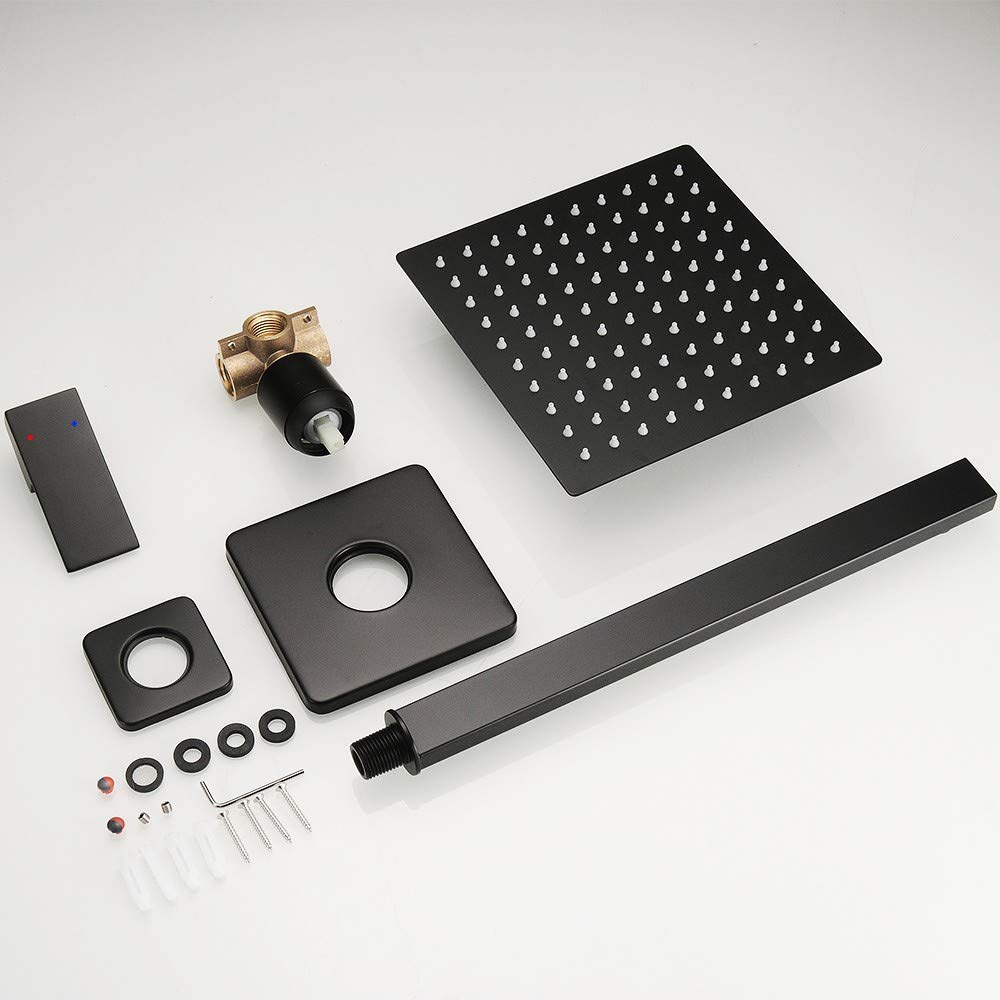 Matte Black Shower Faucet Set - Single Function Shower Trim Kit with Rough-in Valve & Square Rain Shower Head System | Extra Long Shower Arm for Modern Bathroom | Perfect for Spa-Like Showers and Luxury Bathroom Upgrades