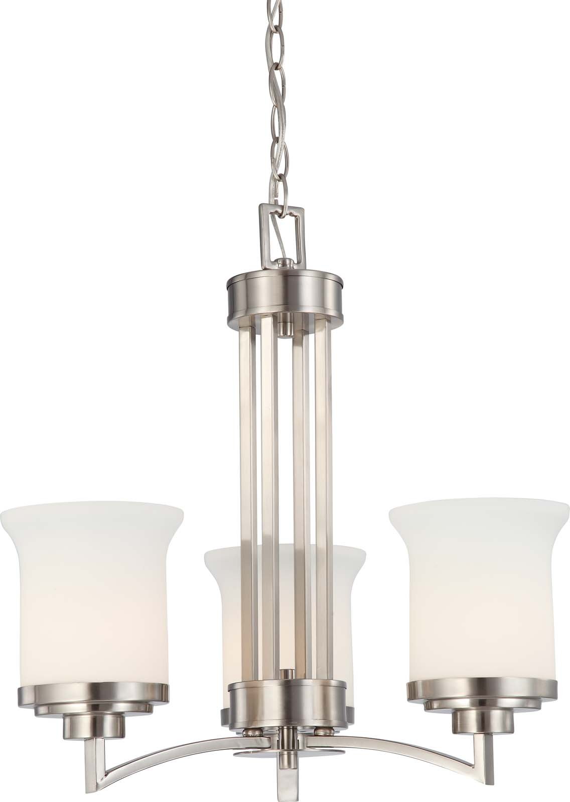 NUVO 60/4104 Three Light Chandelier in Brushed Nickel Finish - Modern Ceiling Light Fixture for Dining Room, Bedroom, or Living Room Decor