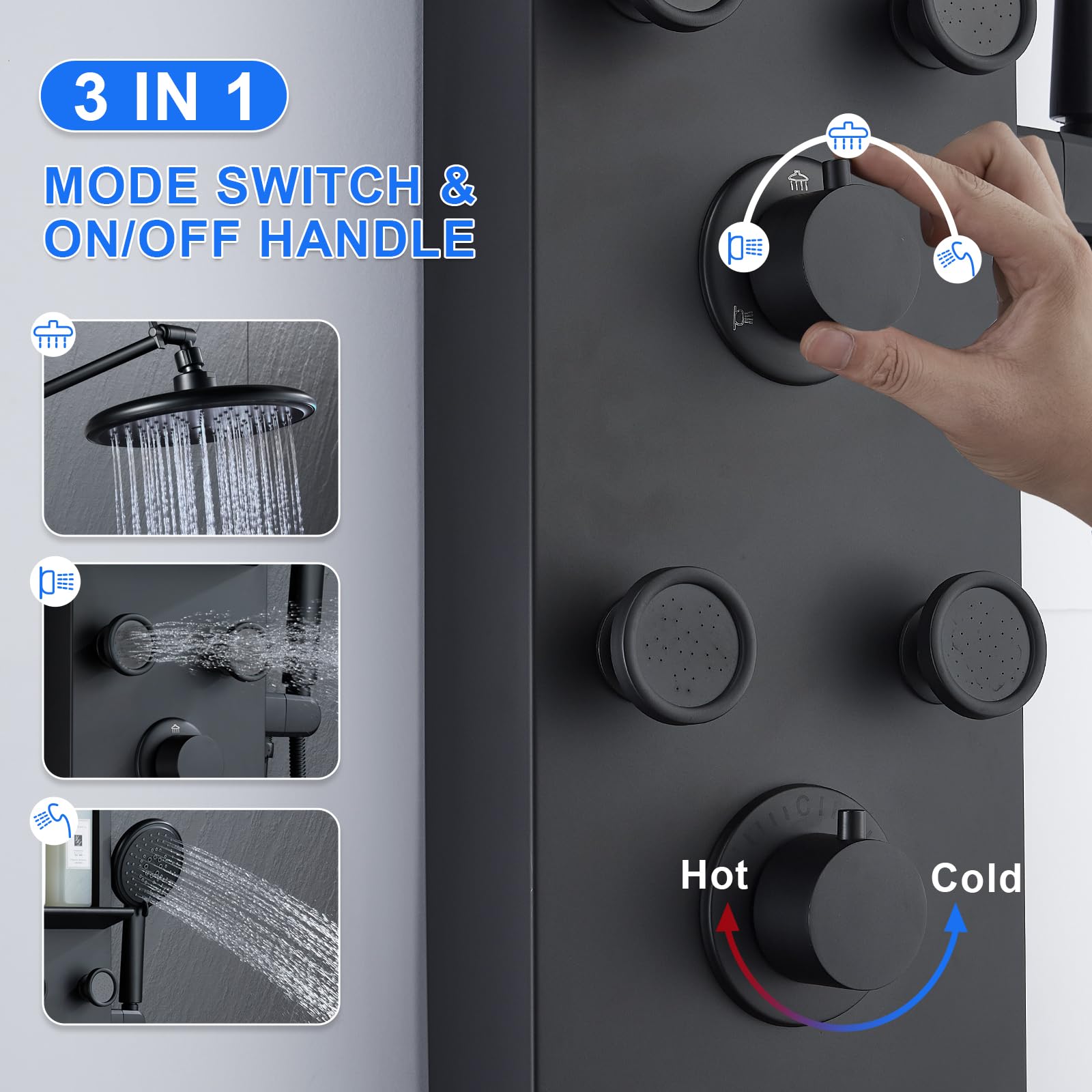 Premium Stainless Steel Shower Panel Tower System with Adjustable Height Rainfall Shower Head, 6 Body Massage Jets & Built-in Shelf - Modern Black Bathroom Shower Column for Spa-like Relaxation (Perfect for Master Bathrooms, Luxury Home Renovations & Hotel Style Showers)