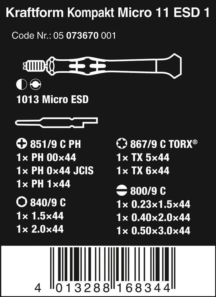 KRAFTFORM Micro-Set ESD/11 SB BIT Set Handle - Precision Screwdriver Kit for Electronics Repair, Anti-Static Tools for Phones, Laptops & Small Appliances - Perfect for DIY, Technicians & Home Use