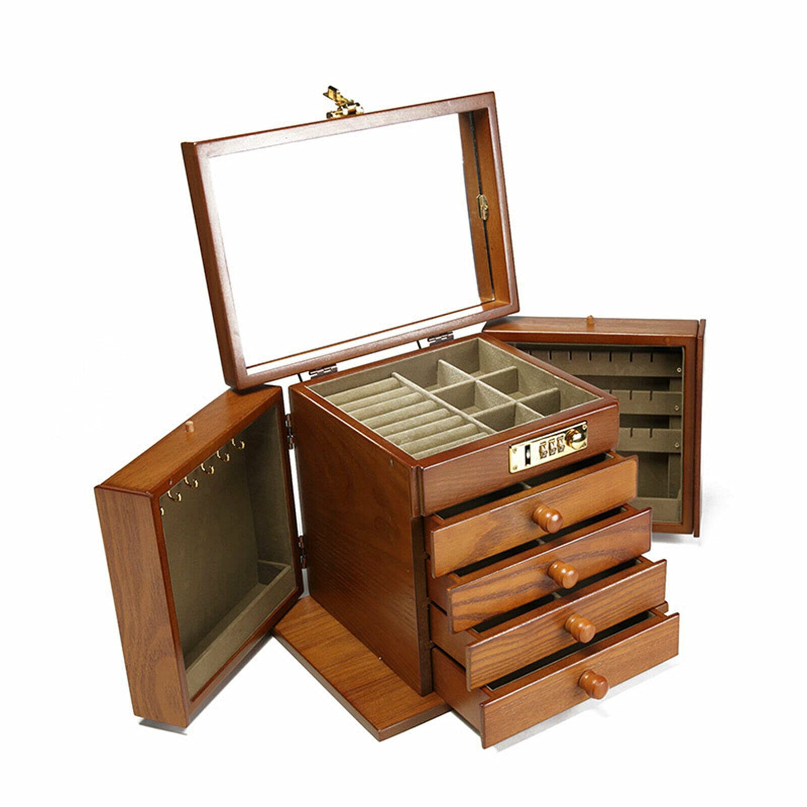Premium Solid Wood Jewelry Box with Combo Lock - Multi-Functional Storage Organizer for Necklaces, Rings, Watches & Sunglasses - Perfect Gift for Women, Girlfriend (Brown) - Ideal for Travel, Home Decor & Holiday Gifts (Christmas, Thanksgiving)