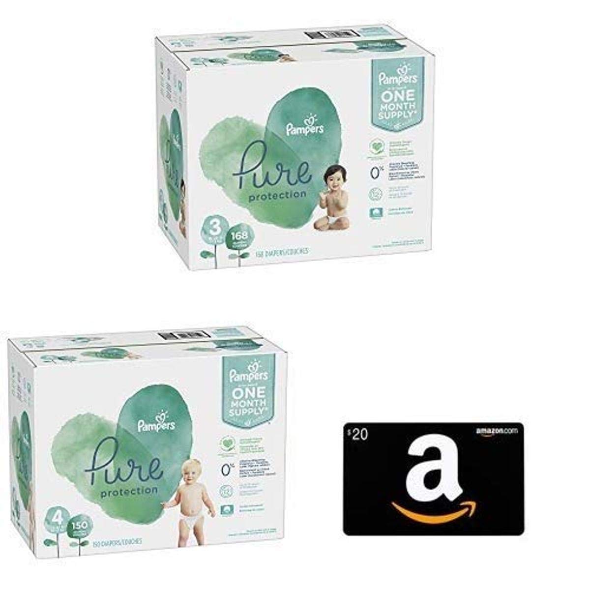 Pampers Pure Disposable Baby Diapers Size 3 (168 Count) & Size 4 (150 Count) with $20 Amazon Gift Card in Madonna with Child Greeting Card - Premium Hypoallergenic Diapers for Newborns & Infants - Perfect for Daycare, Travel & Overnight Protection