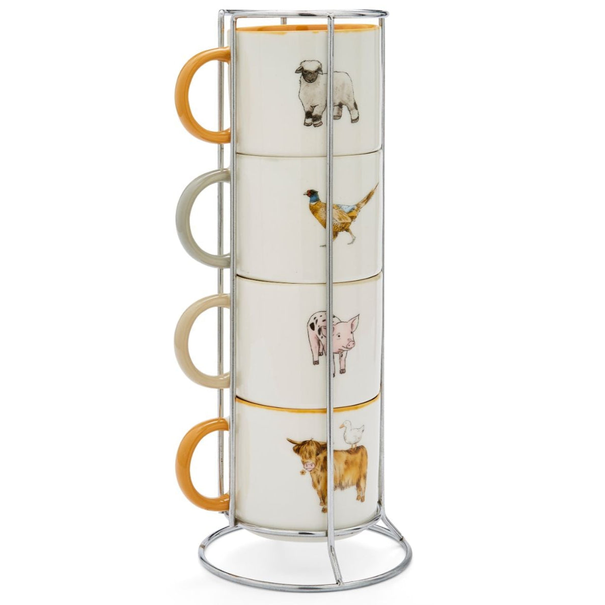 Buttercup Farm Set of 4 Stacking Mugs with Holder - Ceramic Coffee Cups for Tea, Hot Chocolate & Milk - Perfect for Farmhouse Kitchens, Rustic Decor & Gift Giving