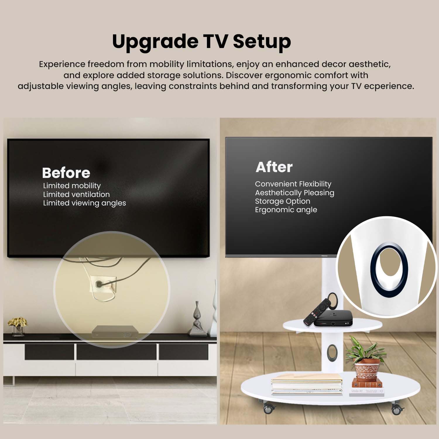Adjustable Height Wooden & Metal Mobile TV Stand with Wheels for 65 Inch LED/Smart TV - White Oval Trolley TV Unit for Living Room, Bedroom & Home Theater