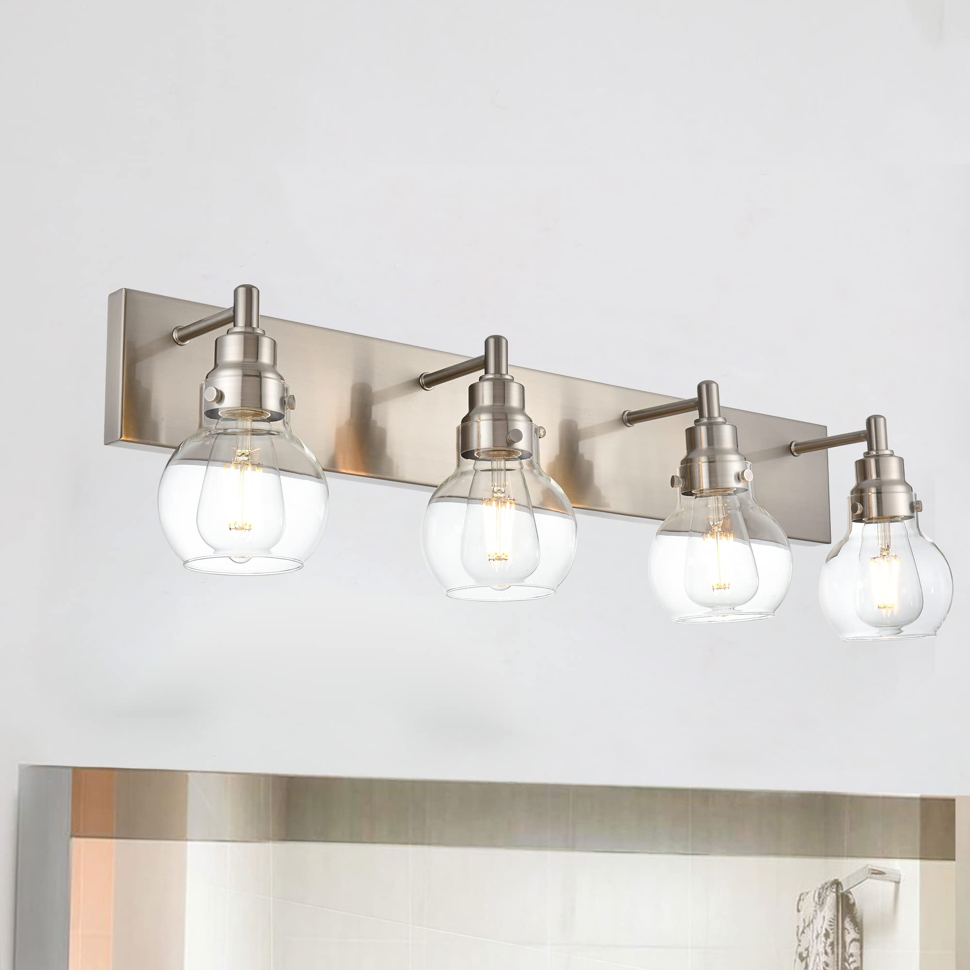 4-Light Modern Bathroom Vanity Light Fixture in Brushed Nickel - Clear Globe Glass Wall Sconce for Bathroom, Powder Room & Foyer Lighting - Perfect for Makeup Vanity, Dressing Area and Hallway Illumination