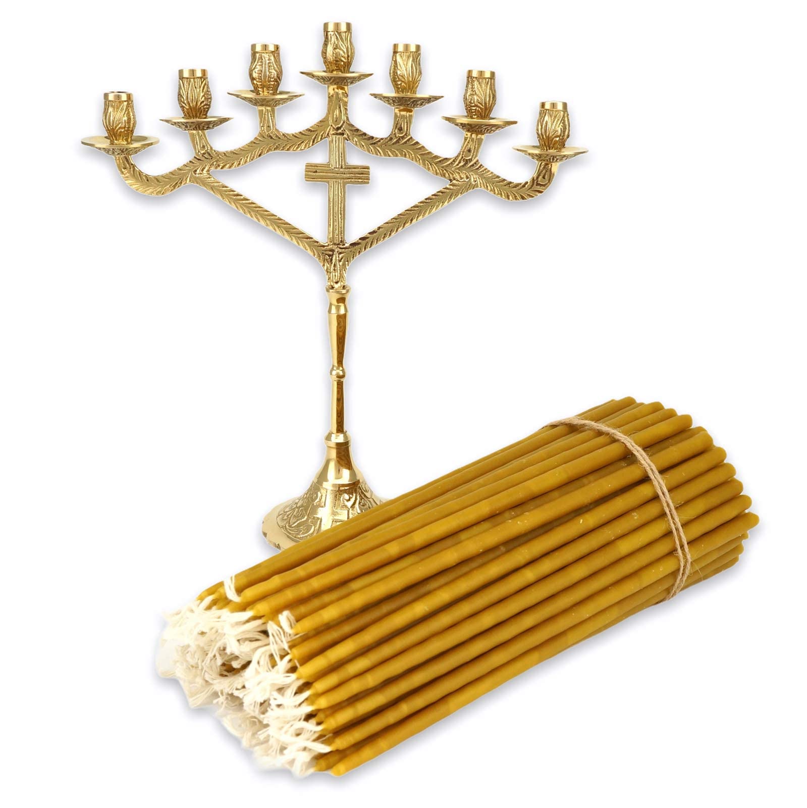 Seven Candle Christian Candelabra - Traditional Orthodox Candle Holder with 100 Pure Beeswax Taper Candles for Prayer Corner & Home Altar Decor | Religious Ceremonies, Church Services & Spiritual Meditation