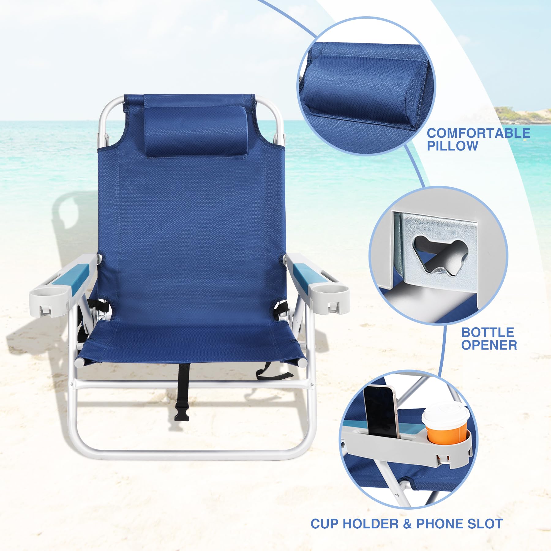 REDCAMP 2 Pack XL 5-Position Adjustable Aluminum Beach Camping Chairs for Adults - Portable Lounge Chair with Cup Holder, Pillow & Towel Bar - Perfect for Sand, Beach, Poolside, Picnics & Outdoor Adventures
