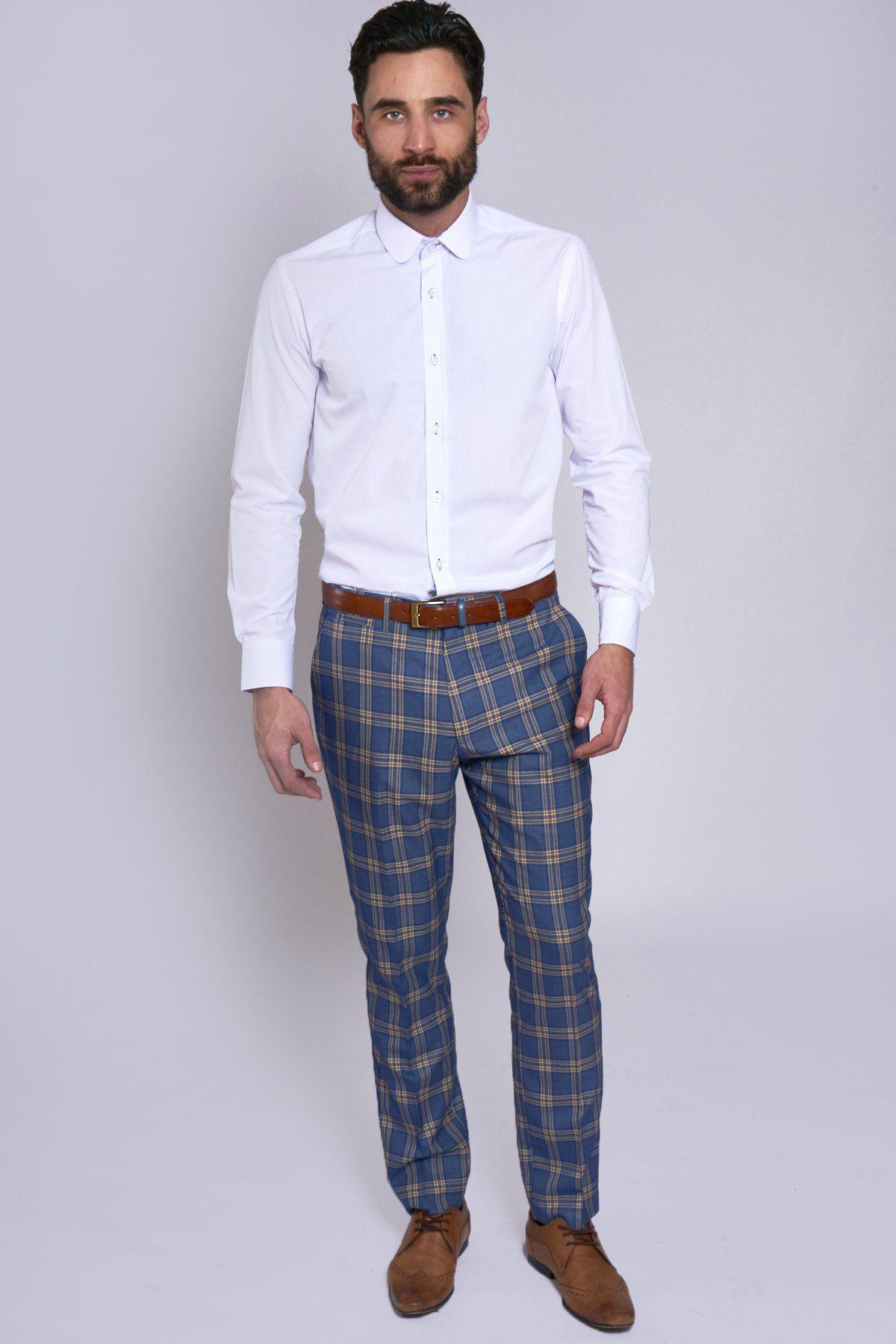 TONY Blue and Yellow Checkered Suit with Single Breasted Waistcoat - Perfect for Weddings, Business Meetings & Formal Events