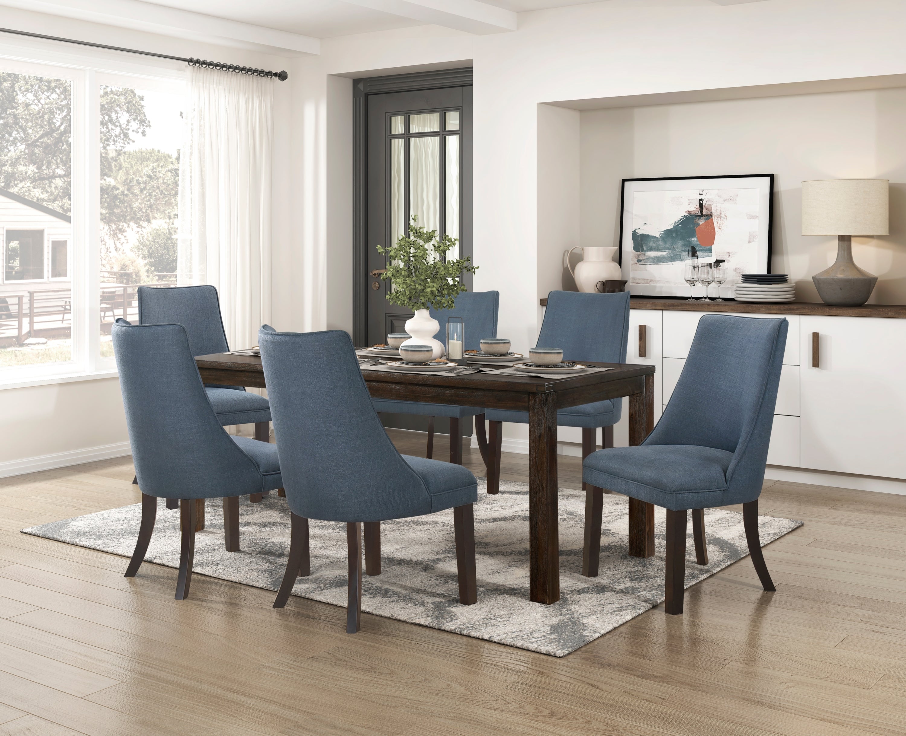 Modern Blue Textured Fabric Upholstered Dining Chairs Set of 2 with Dark Walnut Wooden Legs - Kitchen & Dining Room Furniture for Home Decor