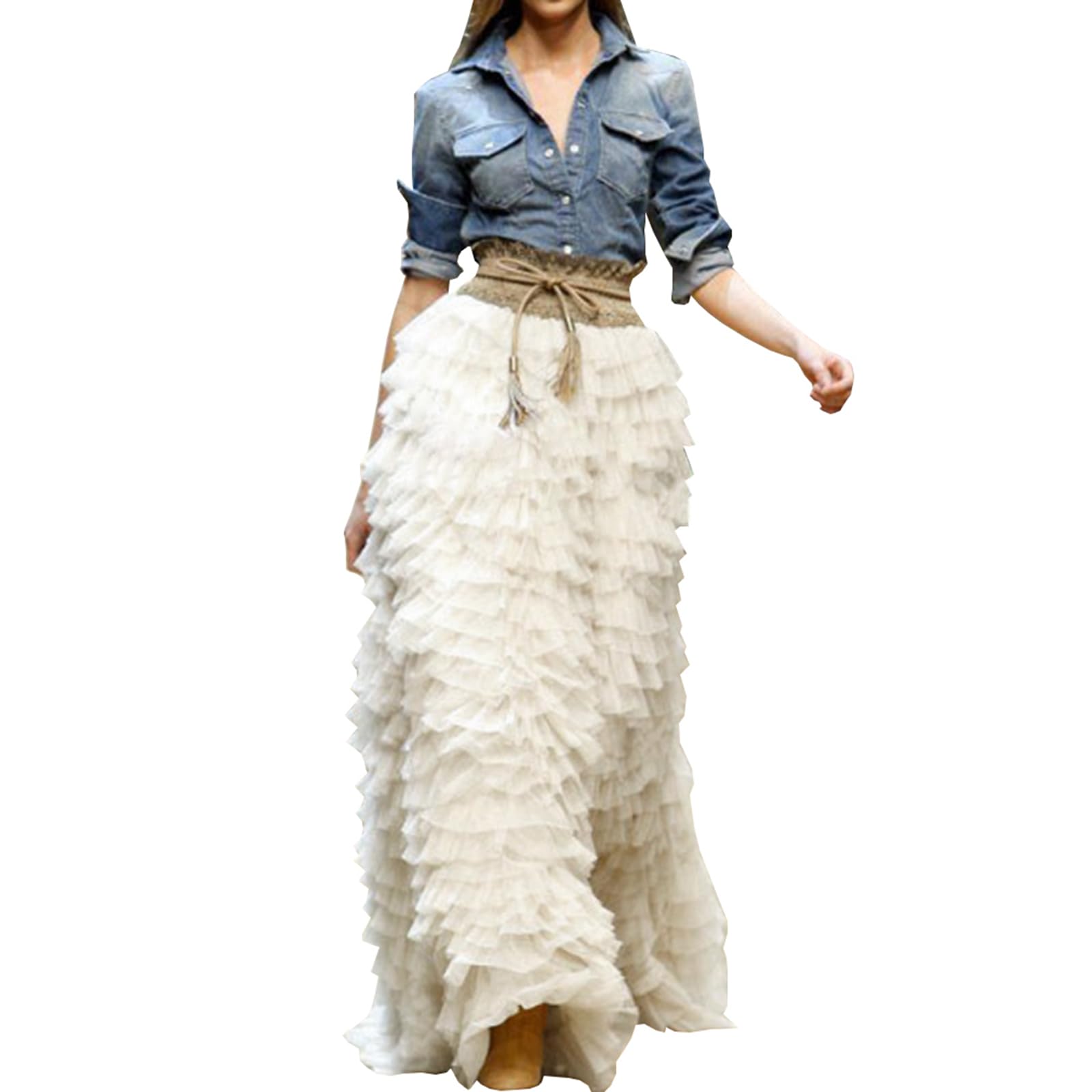 WDPL Women's Elegant Maxi Floor Length Tulle Wedding Skirt with Pleated Ruffles - Perfect for Bridal Gowns, Prom Dresses & Formal Occasions