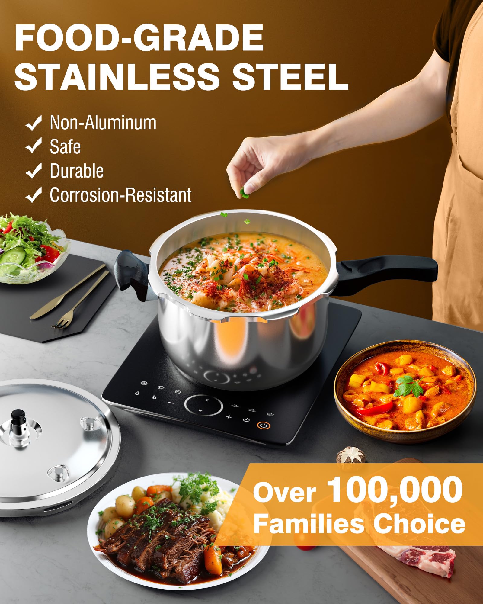 WantJoin 14qt Stainless Steel Pressure Cooker with Spring Valve Safety Lock - Fast Cooking for Gas & Electric Stoves - Perfect for Family Meals, Meal Prep & Emergency Cooking