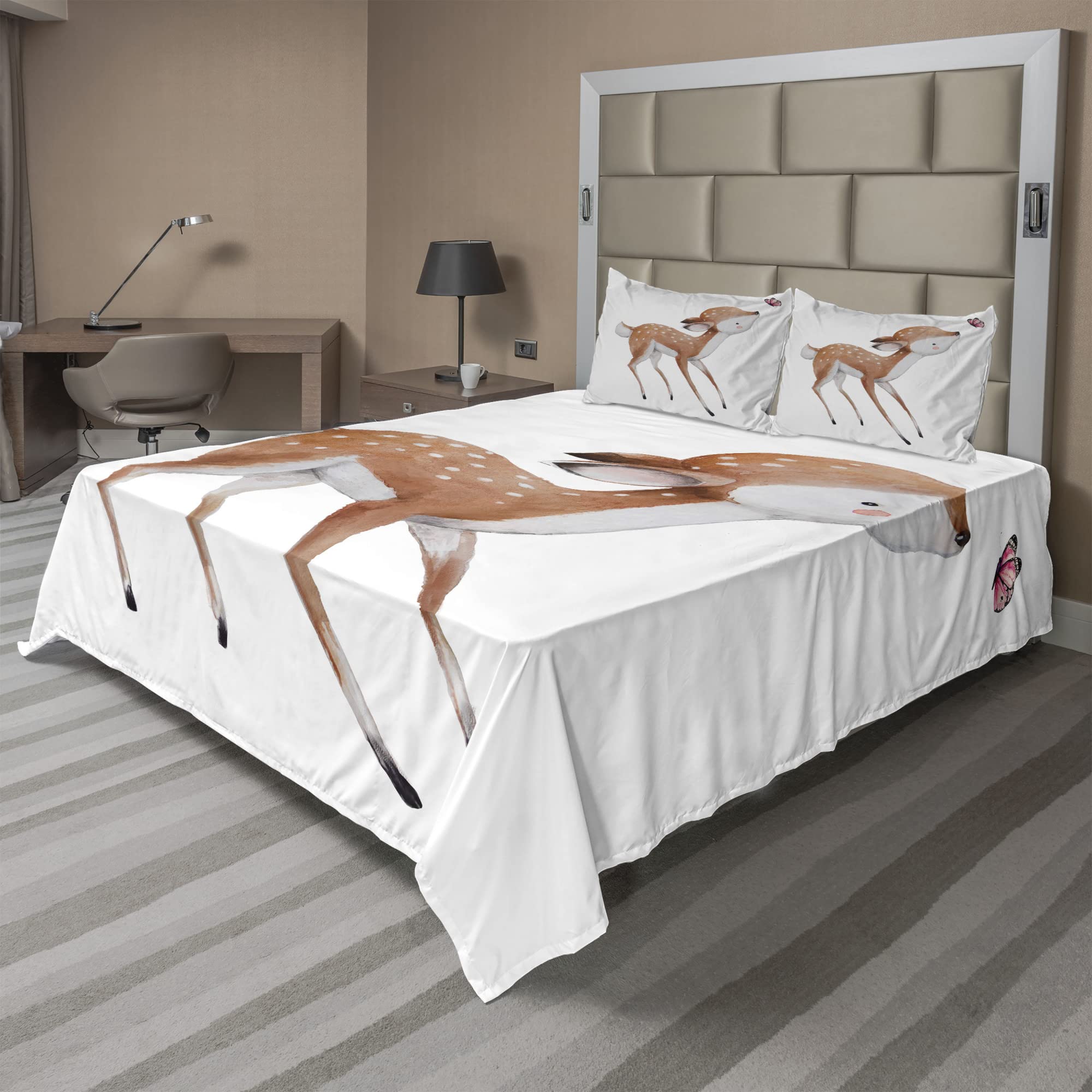 Ambesonne Deer Sheet Set - 4 Piece King Size Bedding with Watercolor Butterfly Forest Design, Pale Caramel Coconut Color | Soft Fitted & Flat Sheets + Pillowcases | Perfect for Kids Rooms, Nursery Decor or Nature-Themed Bedrooms