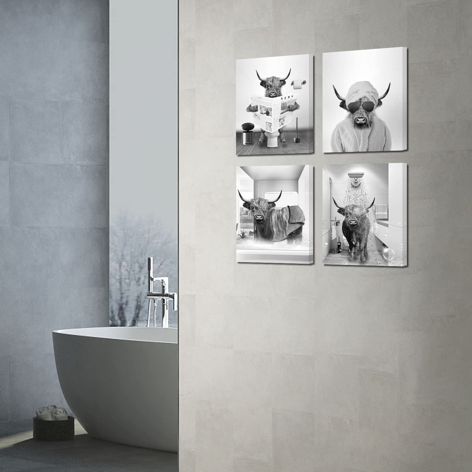 Funny Cow Wall Art Set - 4 Framed Bathroom Pictures (12x16in) for Farmhouse & Kids Decor