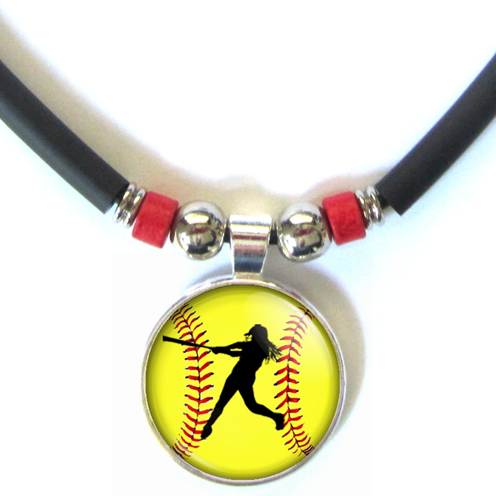 3D Glass Dome Pendant Red Bead Necklace - Softball Batter Silhouette Jewelry for Women, Girls - Perfect for Sports Fans, Game Days & Team Spirit Gifts