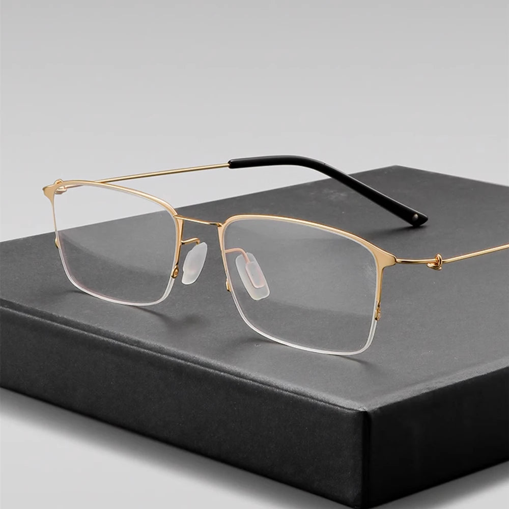 Unisex Black Semi-Rimless Square Titanium Eyeglasses Frame 68203 - Lightweight & Durable Glasses for Work, Reading & Fashion