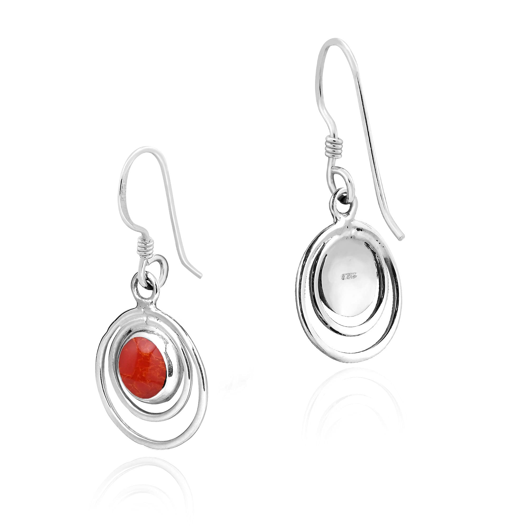 AeraVida Sterling Silver Red Coral Dangle Earrings for Women | .925 Silver Elegant Orbital Design Jewelry | Bold Statement Earrings for Party, Wedding & Evening Occasions