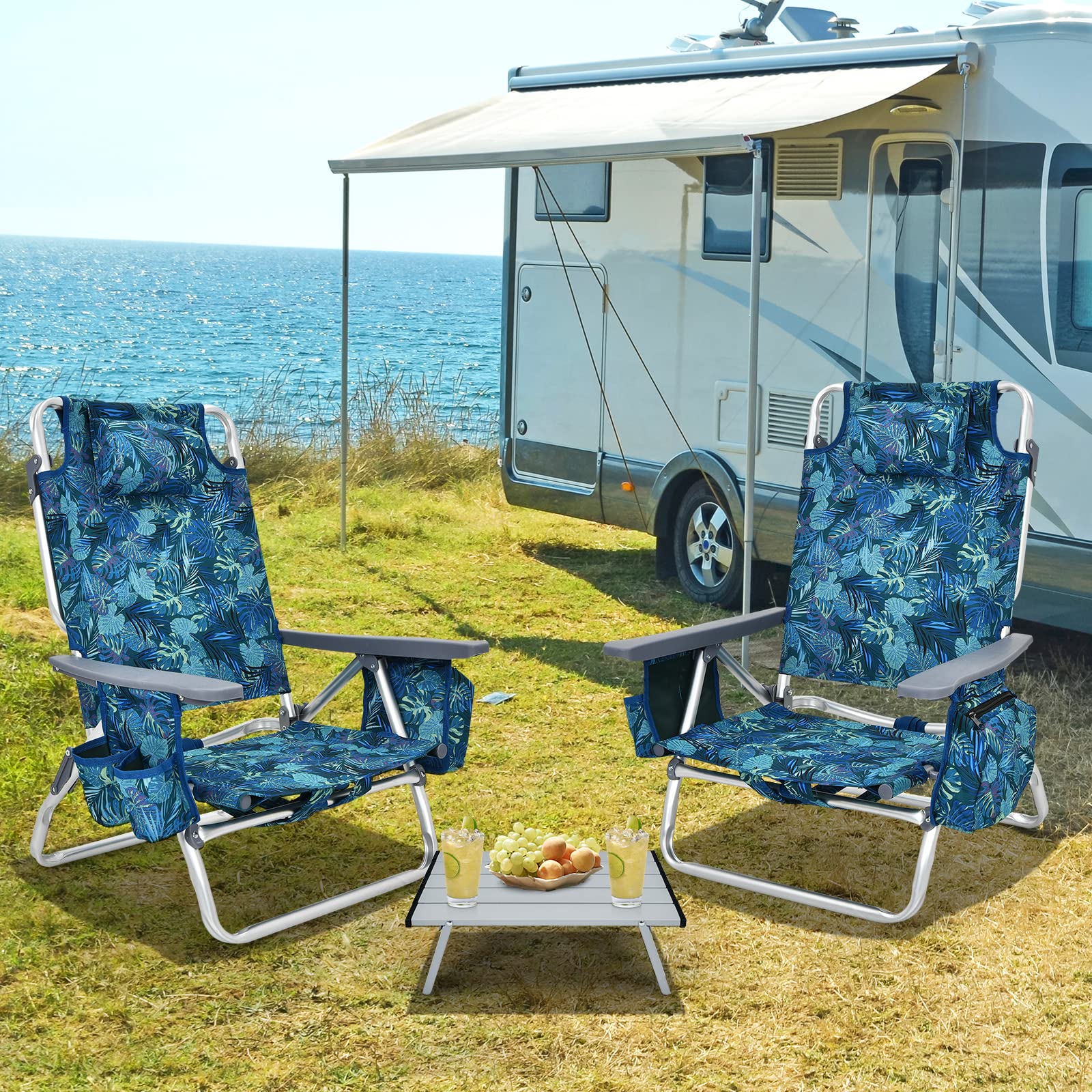 **Tangkula 5-Position Adjustable Beach Chair with Built-in Table & Cooler Bag - Lightweight Folding Backpack Chair with 2 Cup Holders & Towel Bar - Perfect for Beach, Camping, Picnics & Outdoor Relaxation (Navy)**
