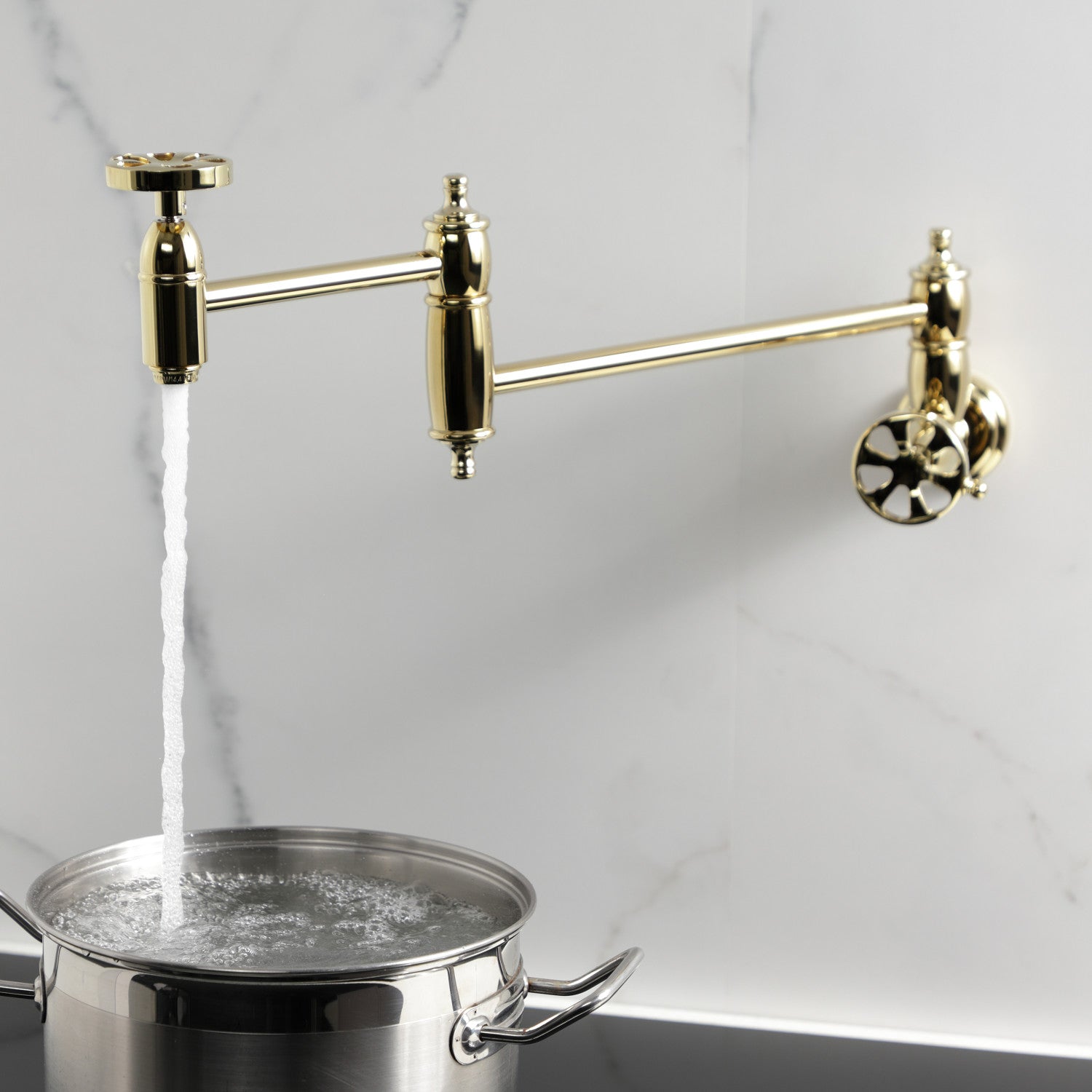 Belknap KS3102RX Two Handle Wall Mount Pot Filler Faucet - Polished Brass Finish - Ideal for Kitchen Sink, Stove & Cooking Area