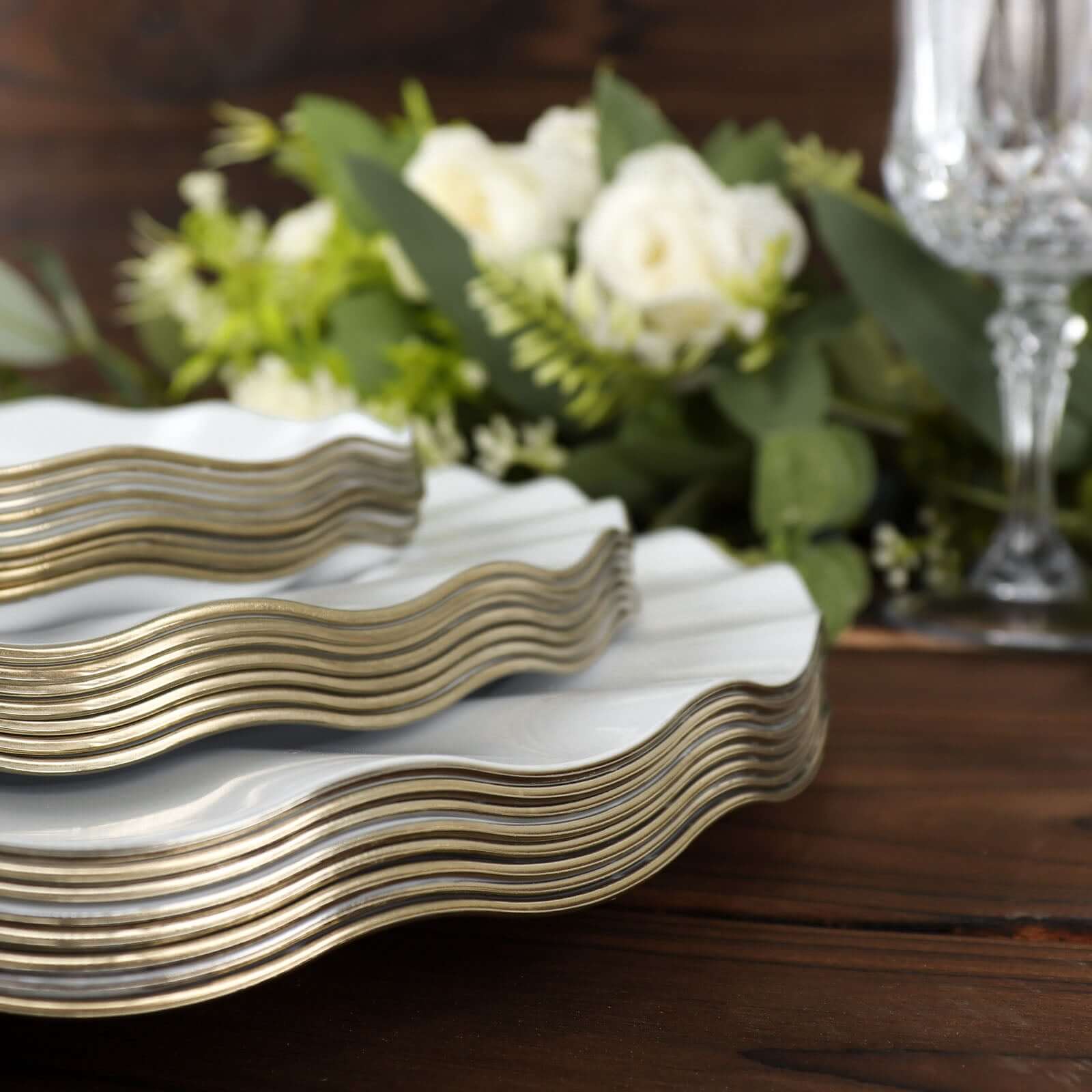 10 Pack Elegant White Plastic Dinner Plates with Ruffled Rim & Gold Edging - Disposable Party Plates for Weddings, Banquets & Special Events - Perfect for Upscale Gatherings & Formal Dining Occasions