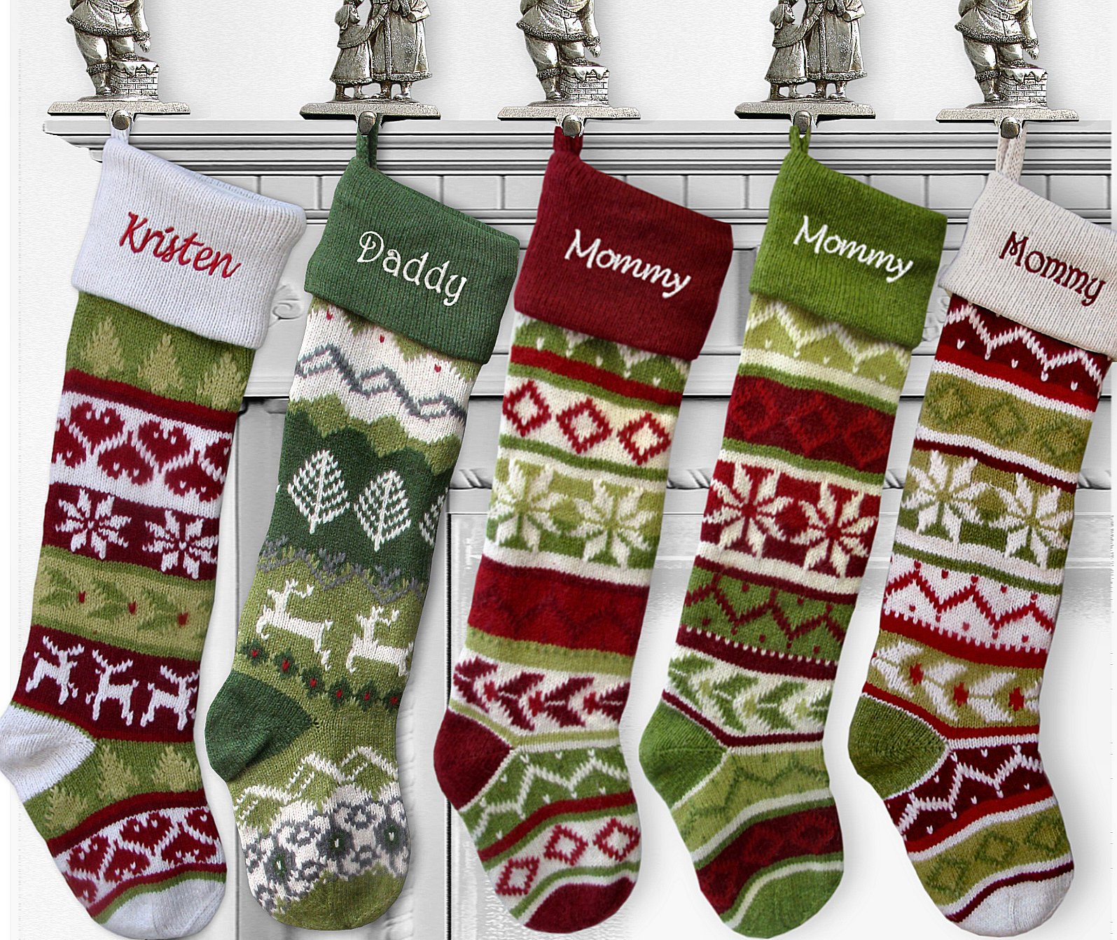 Personalized Large Knit Christmas Stockings with Green Cuff - Deer & Tree Design - Perfect for Holiday Decor, Fireplace Mantel & Gift Giving