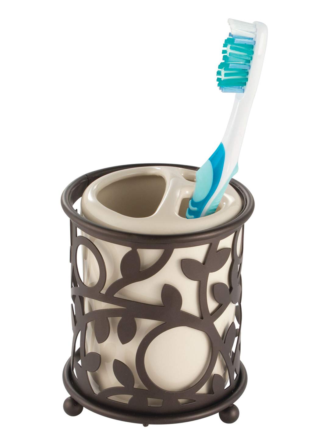 iDesign Vine Toothbrush Holder Stand for Bathroom Vanity Countertops - Vanilla/Bronze | Stylish Bathroom Organizer | Perfect for Small Spaces, Countertop Storage & Home Decor
