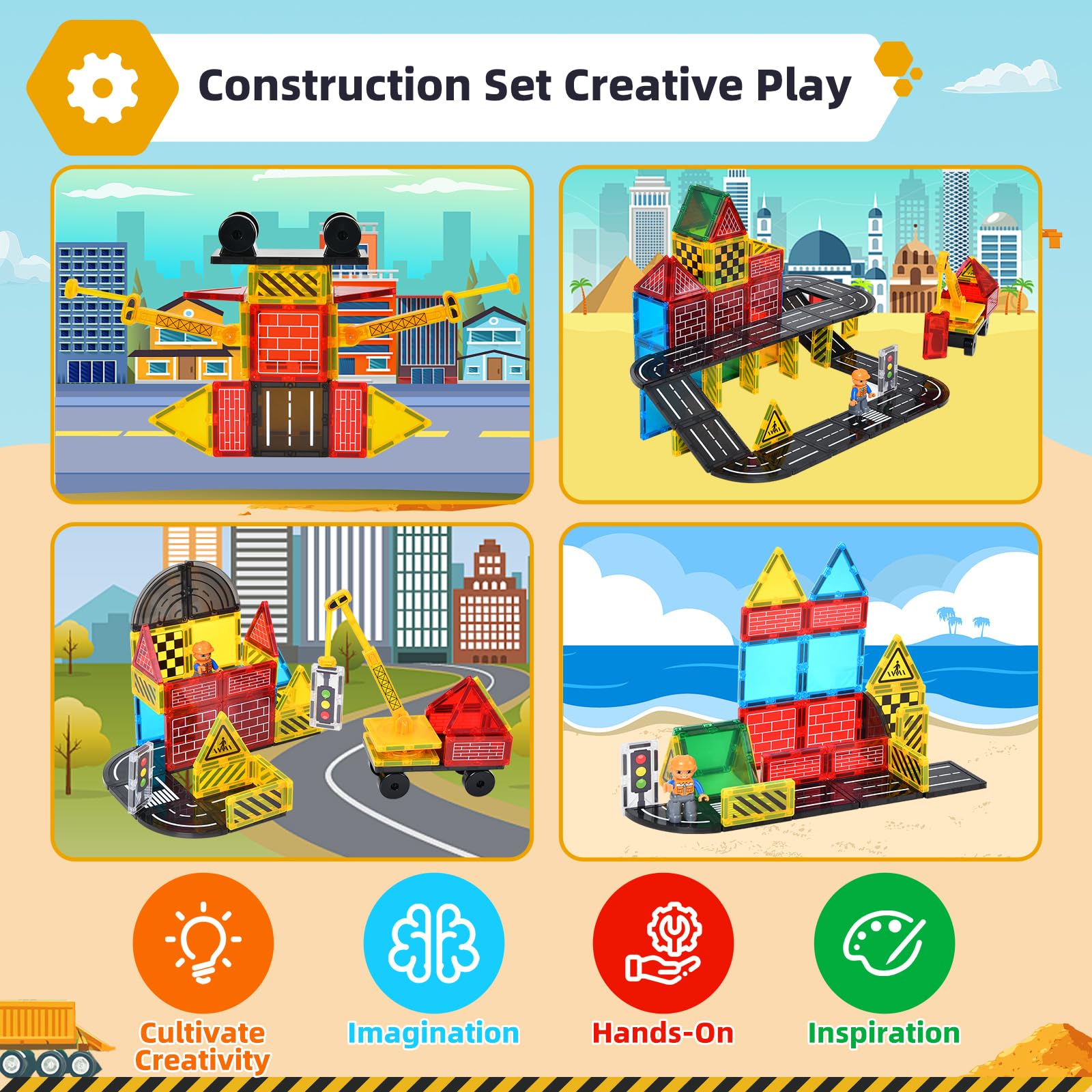 Magnetic Tiles Road Set - City Construction Building Toys for Kids Ages 3+, Magnetic Blocks with Extendable Crane & Car, STEM Learning Toys for Boys & Girls - Perfect for Creative Play, Birthday Gifts & Classroom Activities