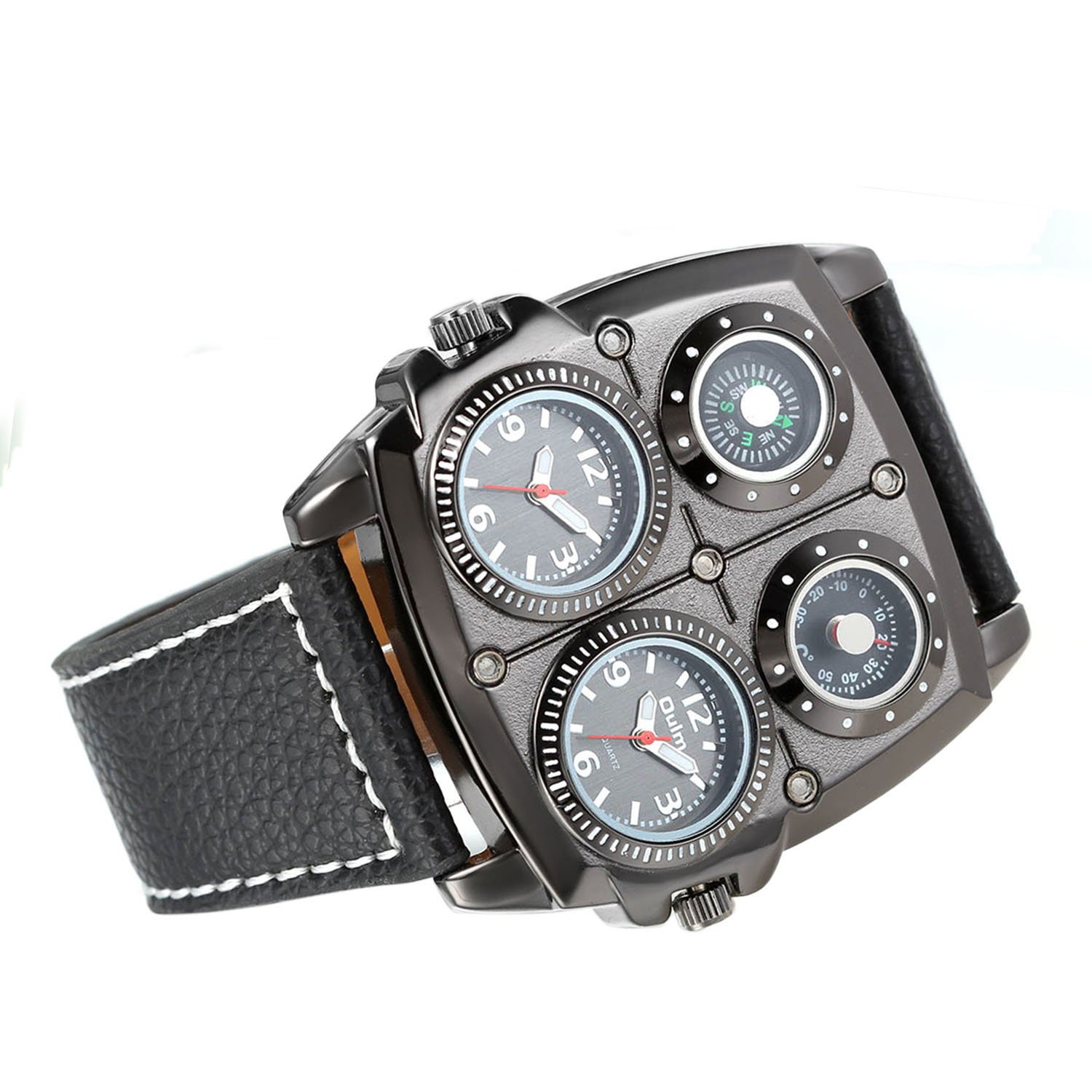 Avaner Men's Punk Watch - Unique Large Face Dual Time Zone Analog Quartz Wristwatch with Leather Strap, Decorative Compass & Thermometer Dial - Perfect for Outdoor Adventures, Travel & Fashion Statement